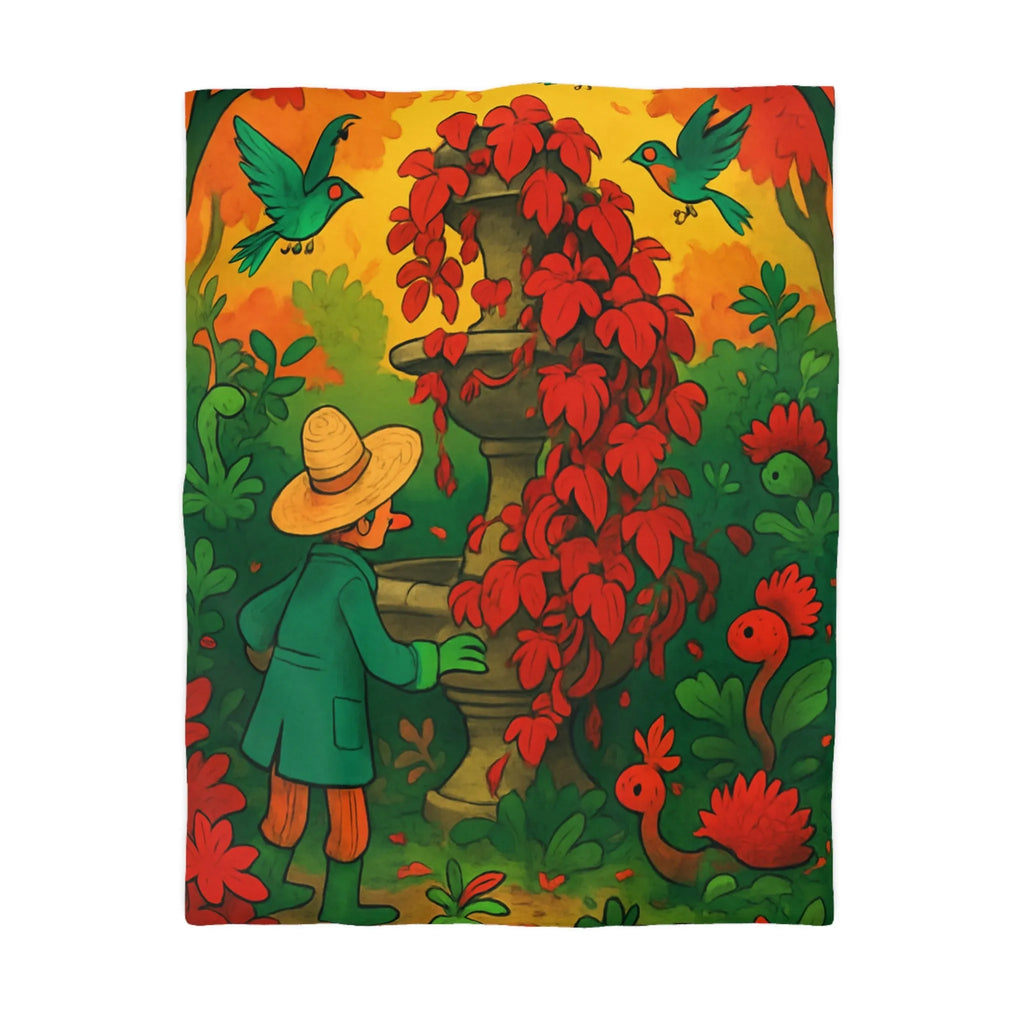 Housse de couette jardin enchanté avec fontaine et fleurs rouges pour chambre colorée