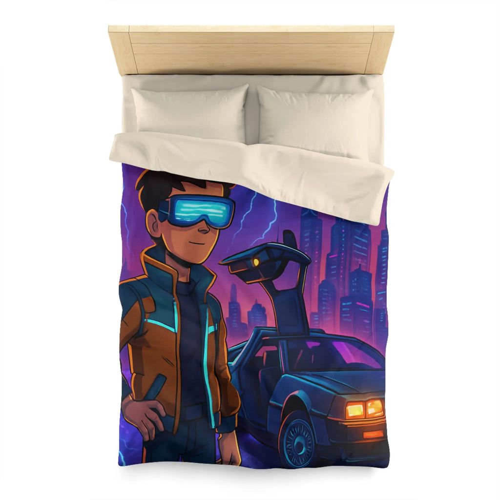 Housse de Couette Futuriste Style Rétro avec Éclair, Voiture et Jeune Garçon Aventureux