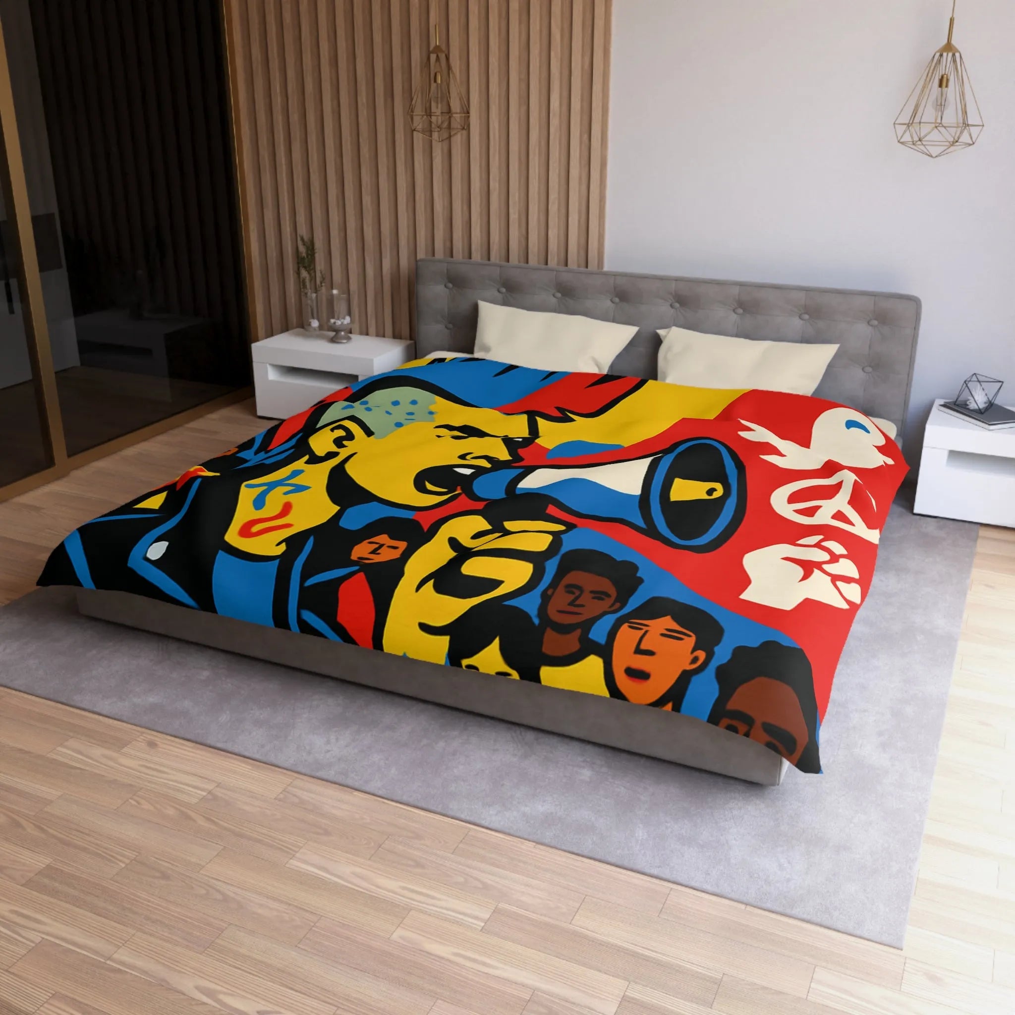 Housse de couette colorée avec illustration dynamique de manifestant engagé pour la paix