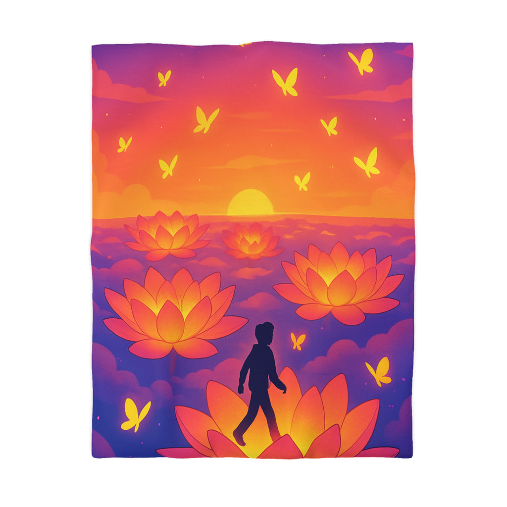 Housse de couette zen : Personne marchant sur fleur de lotus au coucher de soleil