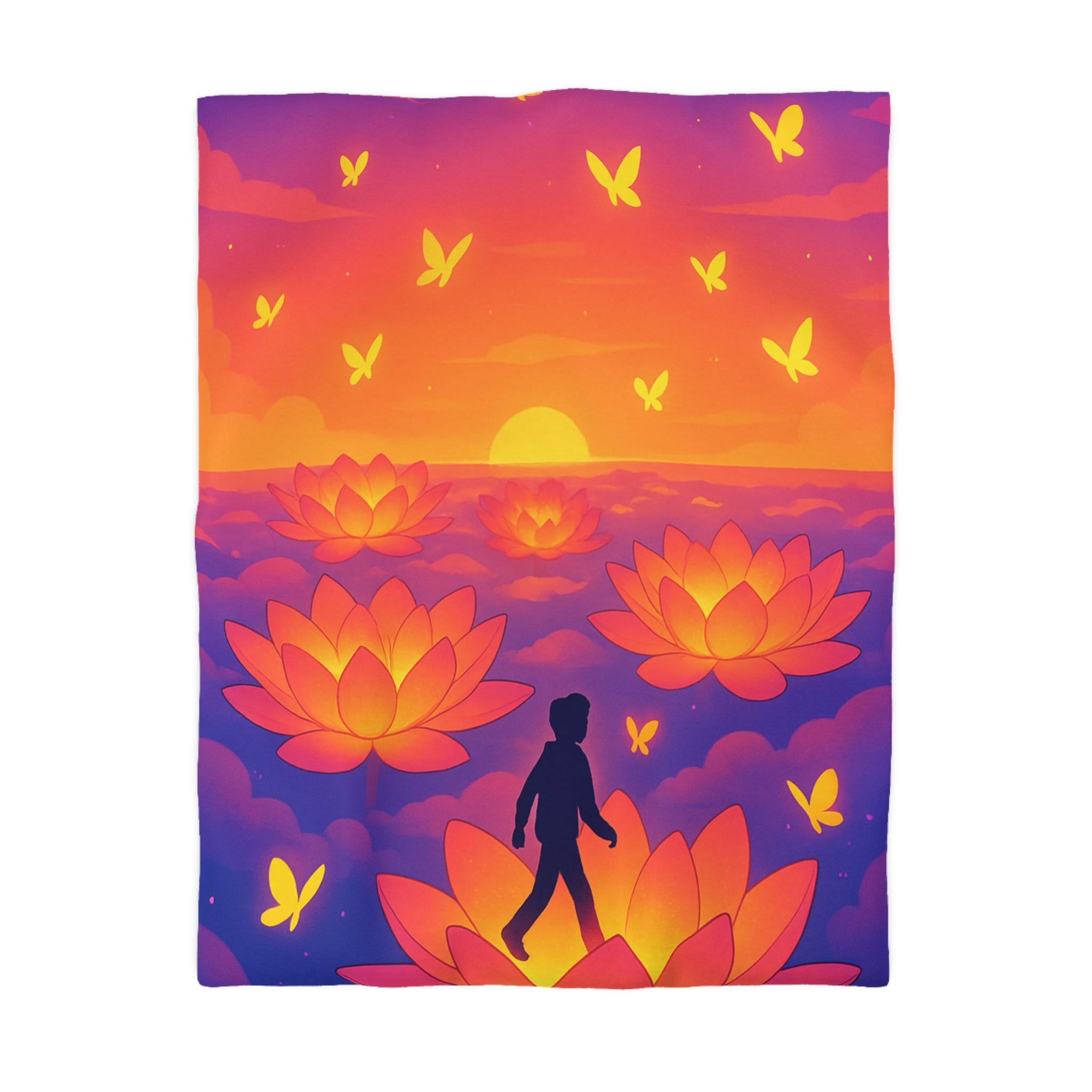 Housse de couette zen : Personne marchant sur fleur de lotus au coucher de soleil