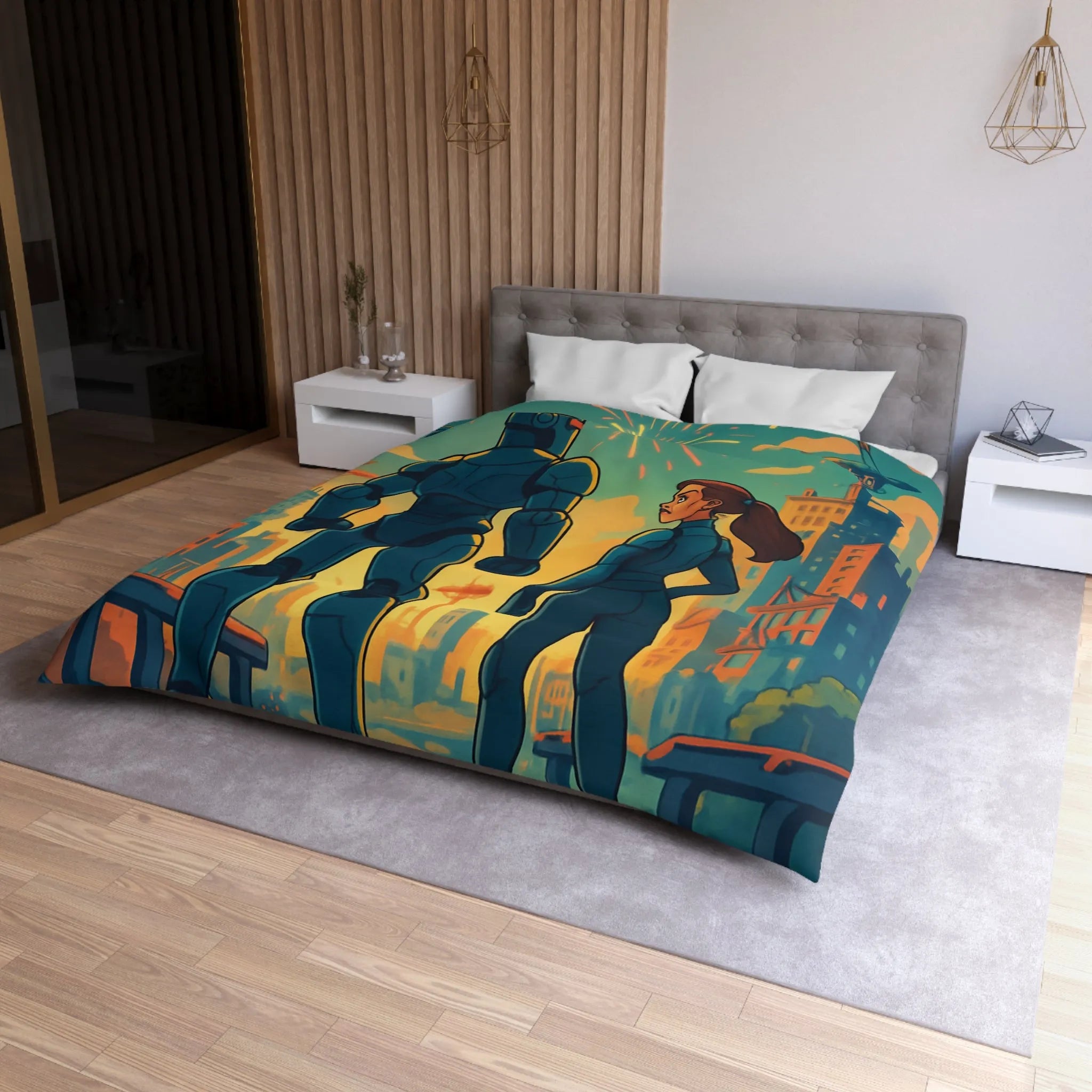 Housse de Couette Fine Imprimée Feux d’Artifice et Futuriste Ville Robotique Dessinée