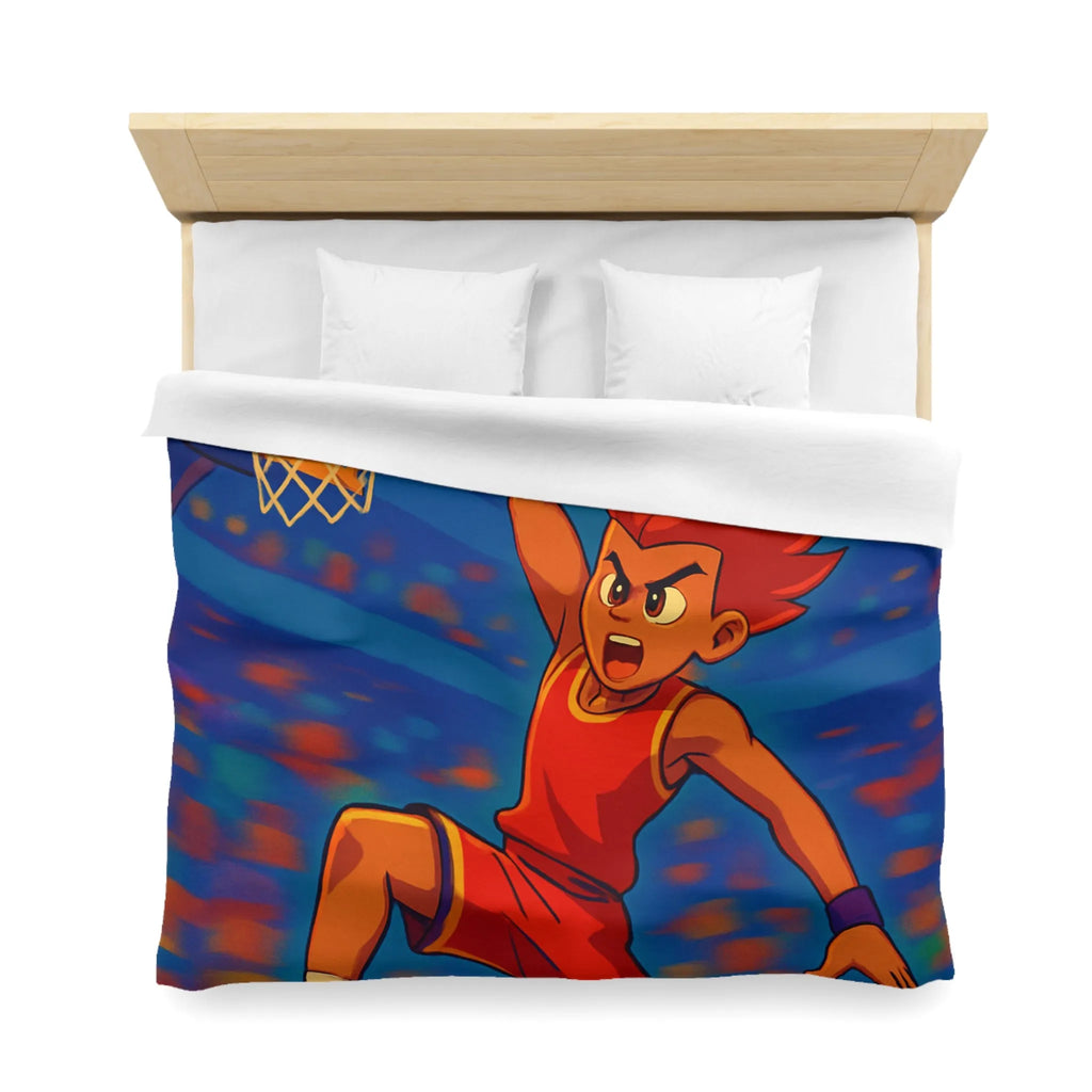 Housse de couette garçon avec joueur de basketball enflammé dans un style animé vibrant