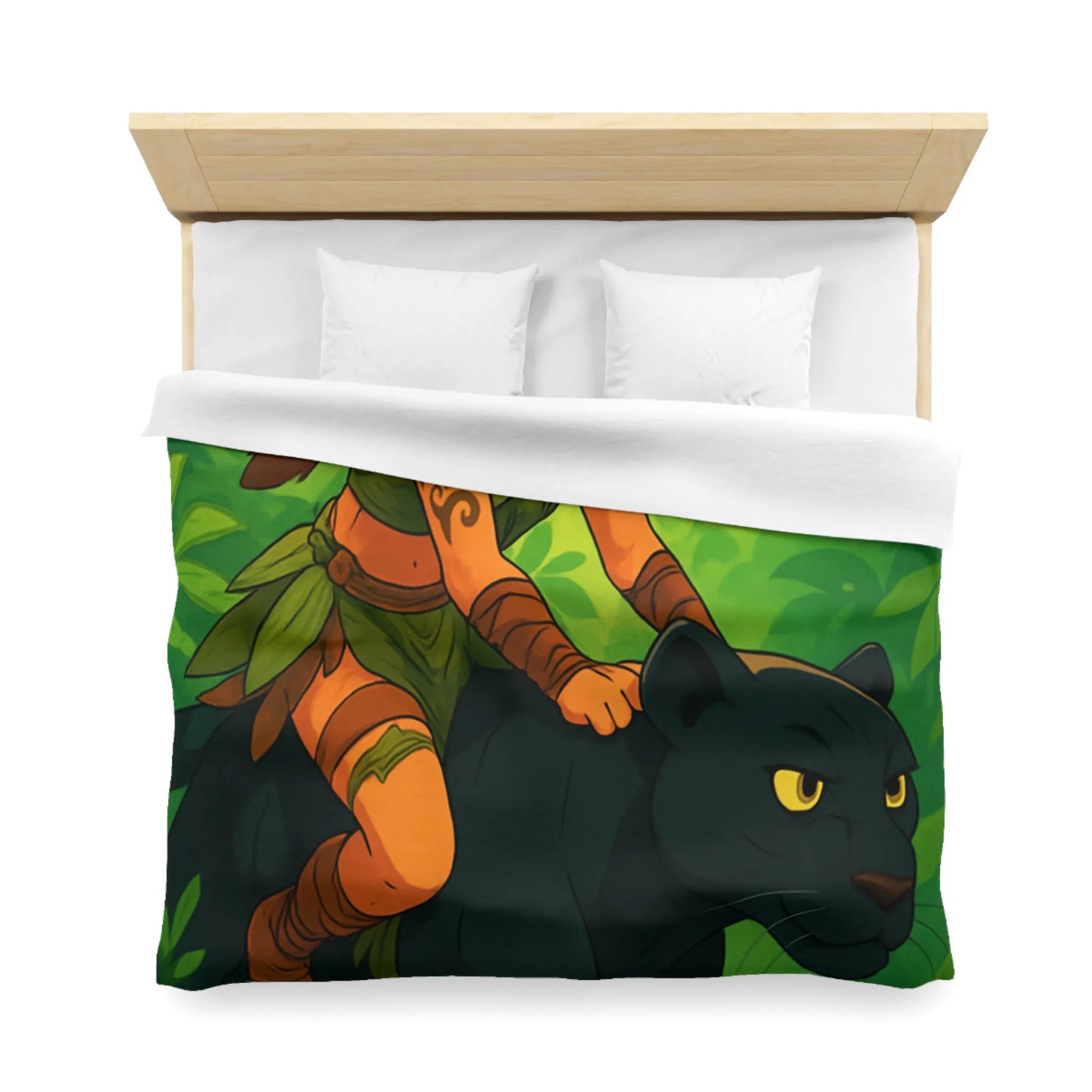 Housse de couette jungle avec fille guerrière et panthère noire pour chambre colorée