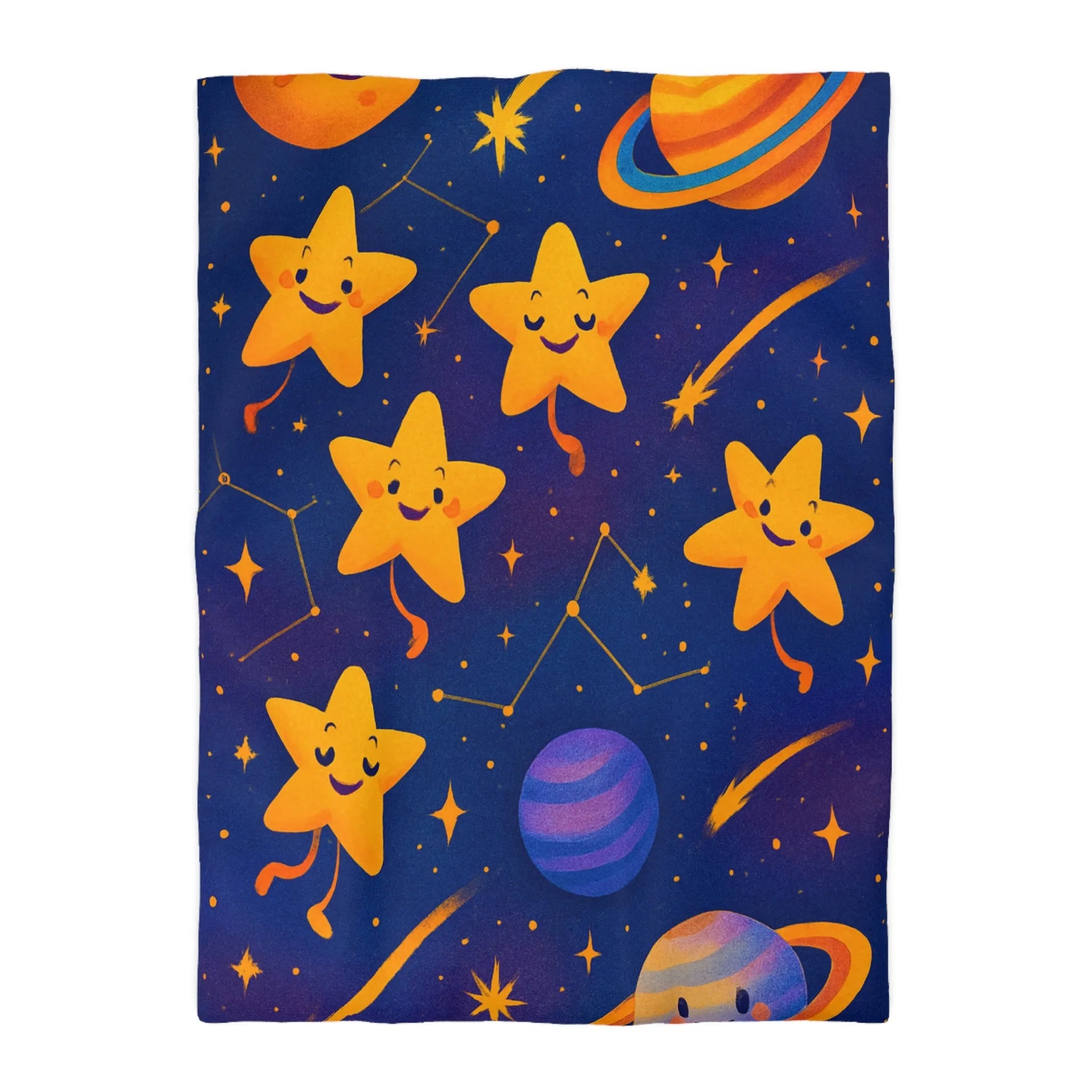 Housse de couette avec étoiles souriantes et planètes cartoon pour chambre d'enfant