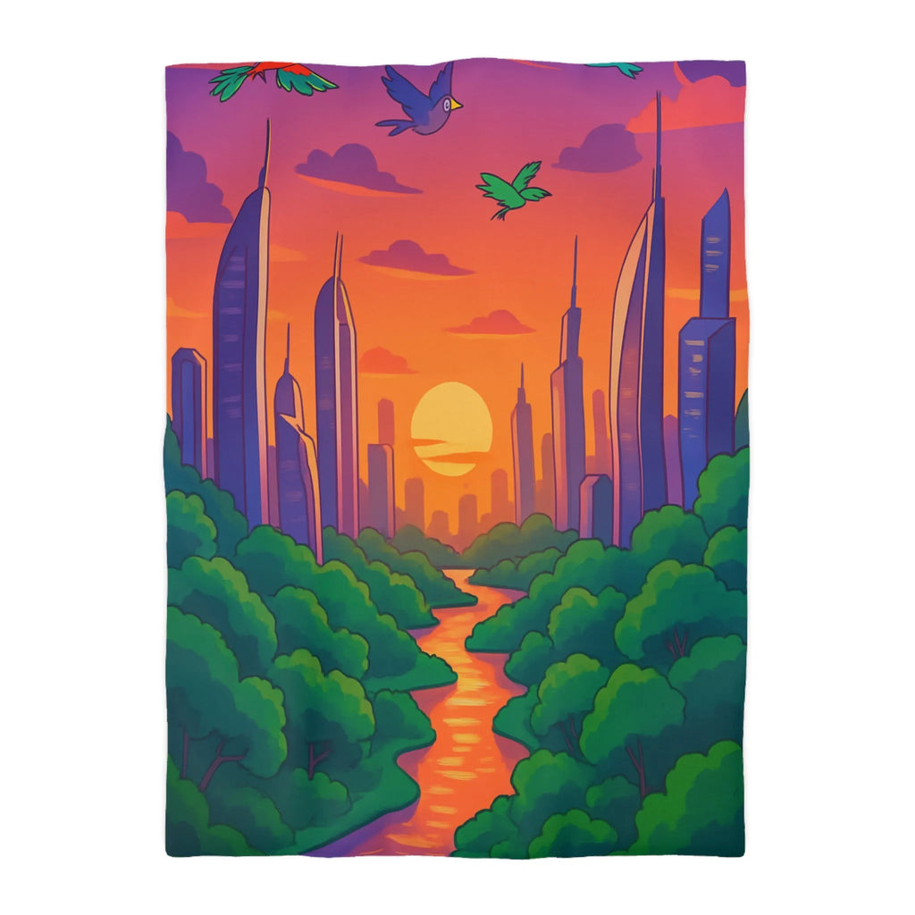 Housse de couette avec illustration urbaine et naturelle au coucher du soleil envoûtant