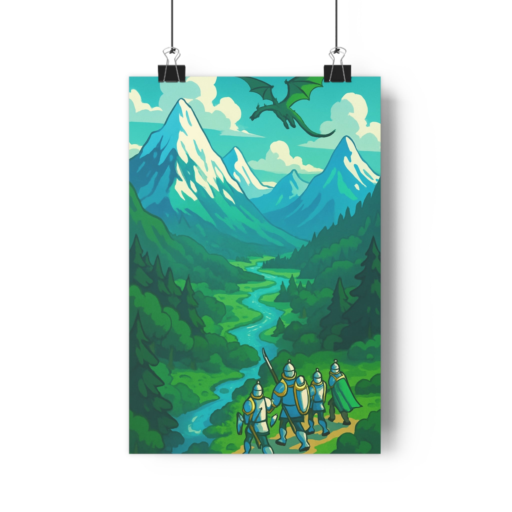 Poster décoratif fantasy vert bleu cartoon aventure chevaliers dragon salon chambre vibrant dessin animé