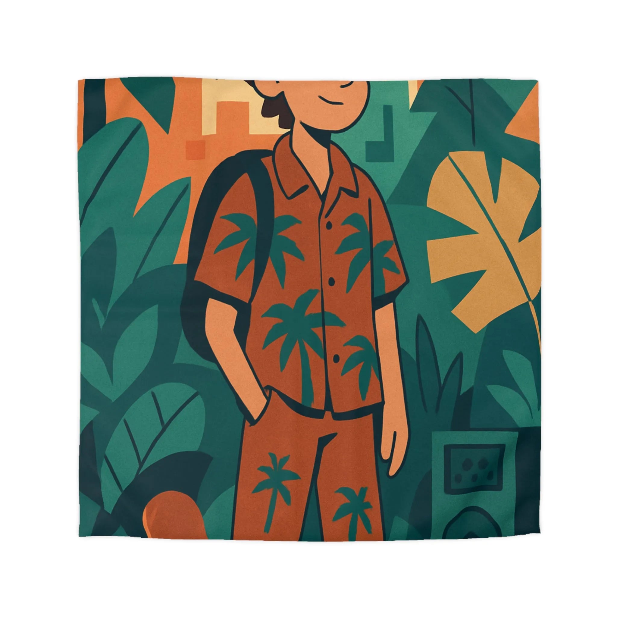 Housse de couette exotique ado, ambiance tropicale, skateboard et palmiers, style graphique coloré