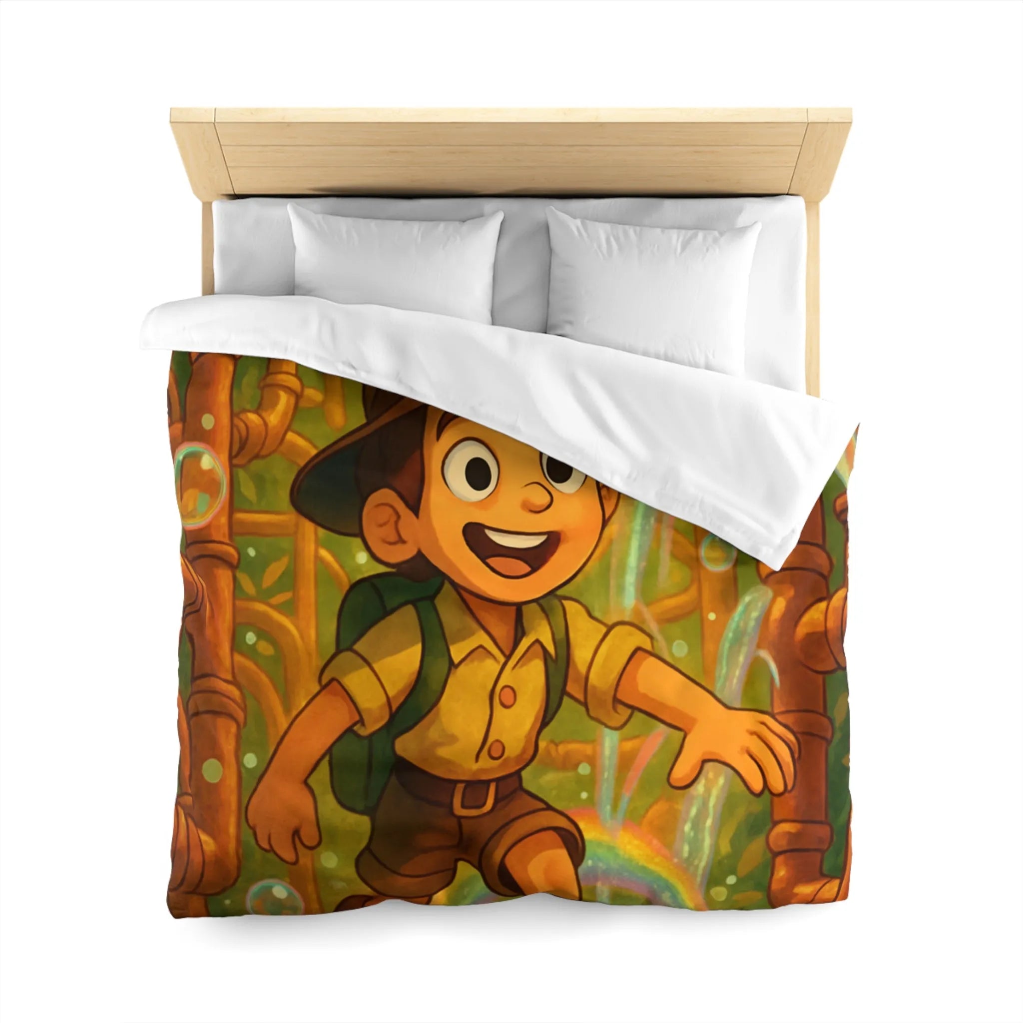 Housse de couette enfantine : garçon explorateur, tuyaux dorés, arcs-en-ciel et bulles joyeuses