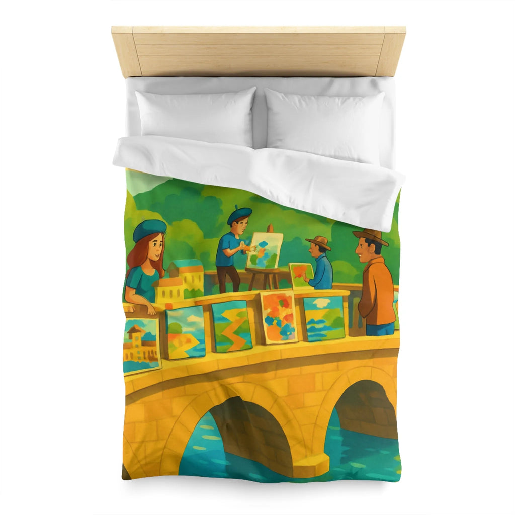 Housse de couette colorée thème pont artistique avec moulins à vent et paysage