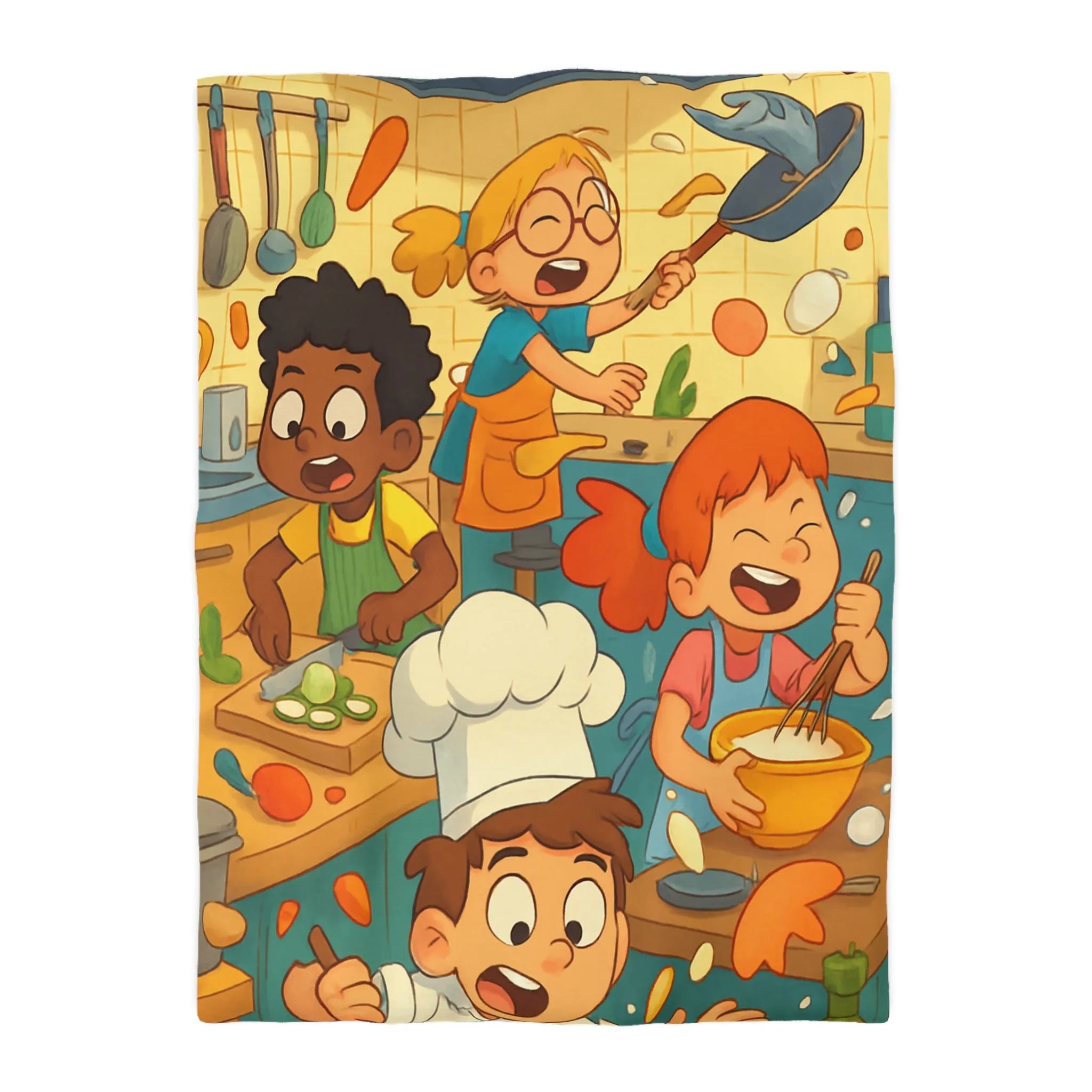 Housse de couette illustrée cuisine enfants joyeux couleurs vives spatule éclaboussures légumes