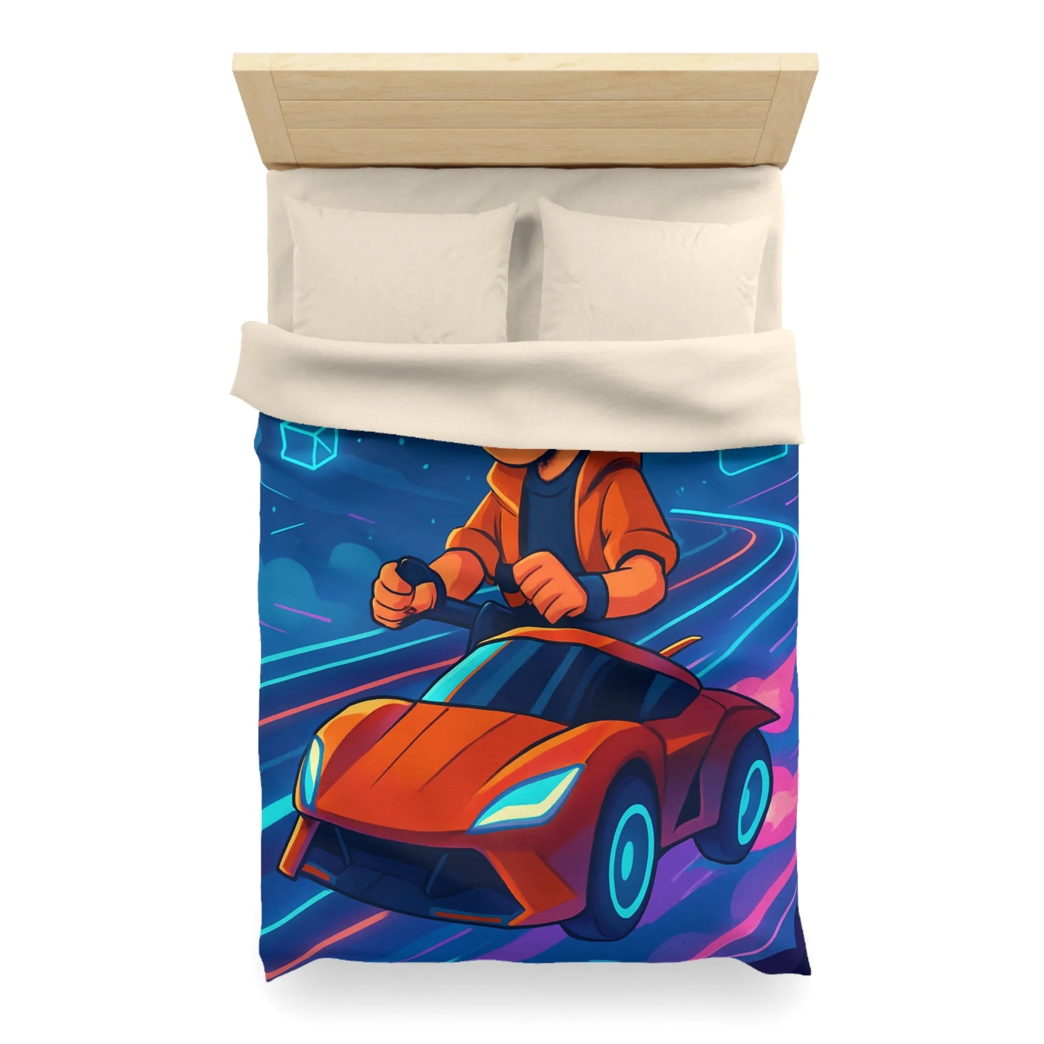 Housse de couette aventure virtuelle : joueur futuriste avec voiture de course dynamique et colorée