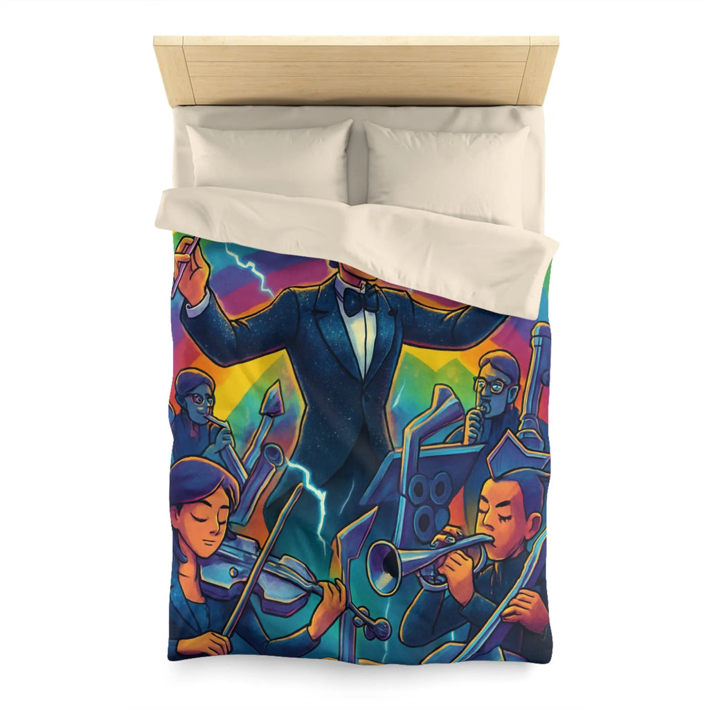 Housse de couette avec orchestre vibrant et chef d’orchestre sous arc-en-ciel lumineux