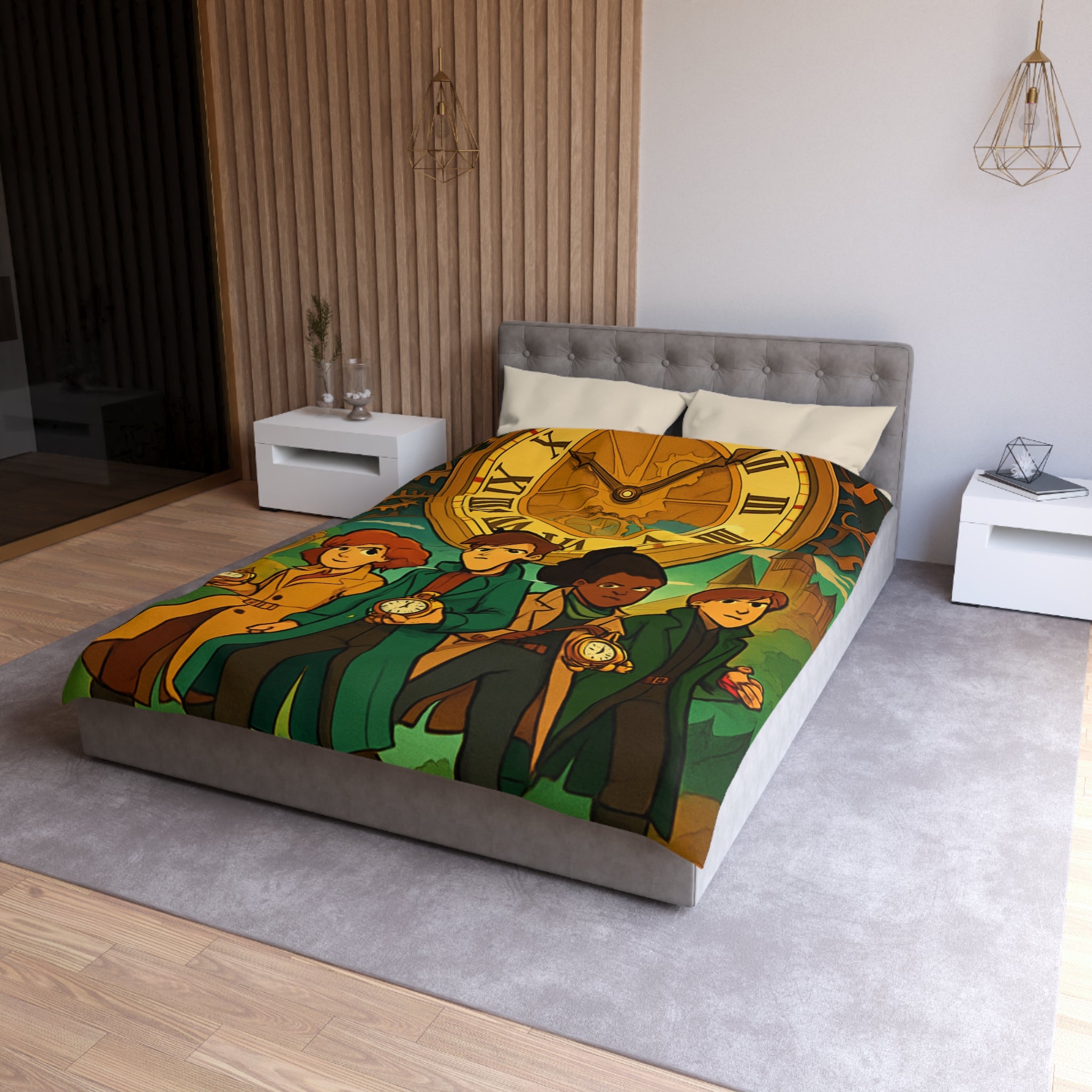 Housse de couette style aventure avec horloge vintage et personnages détectives mystérieux