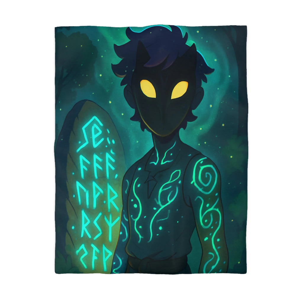 Housse de couette enchantée avec personnage masqué et runes dans une forêt mystique