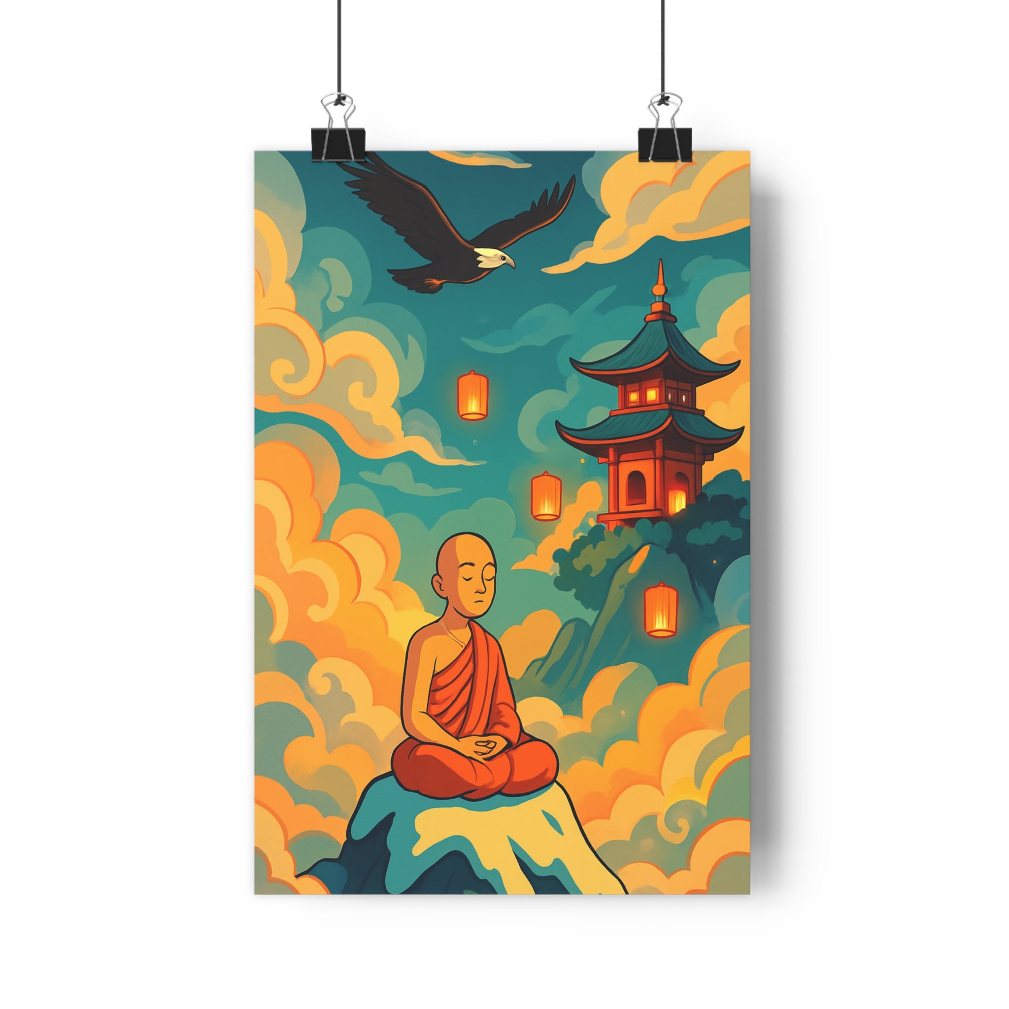 Poster décoratif cartoon zen bleu orange jaune méditation montagne moine temple nuages salon ambiance