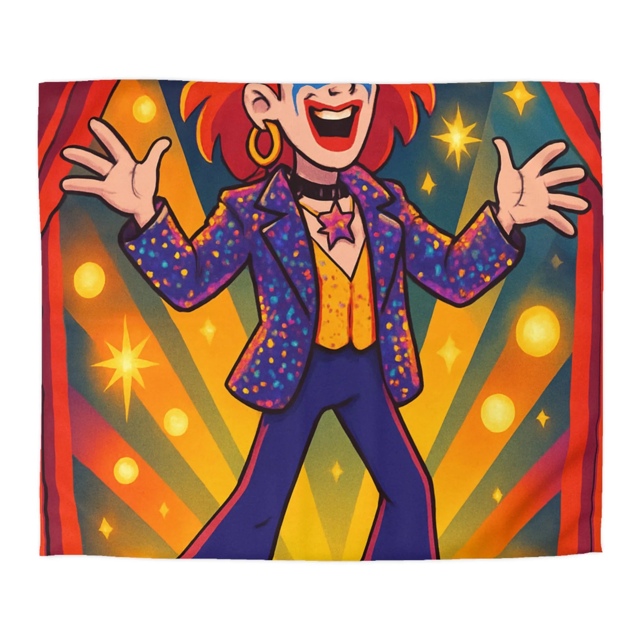 Housse de couette colorée avec personnage énergique sur scène, étoiles et rideaux rouges