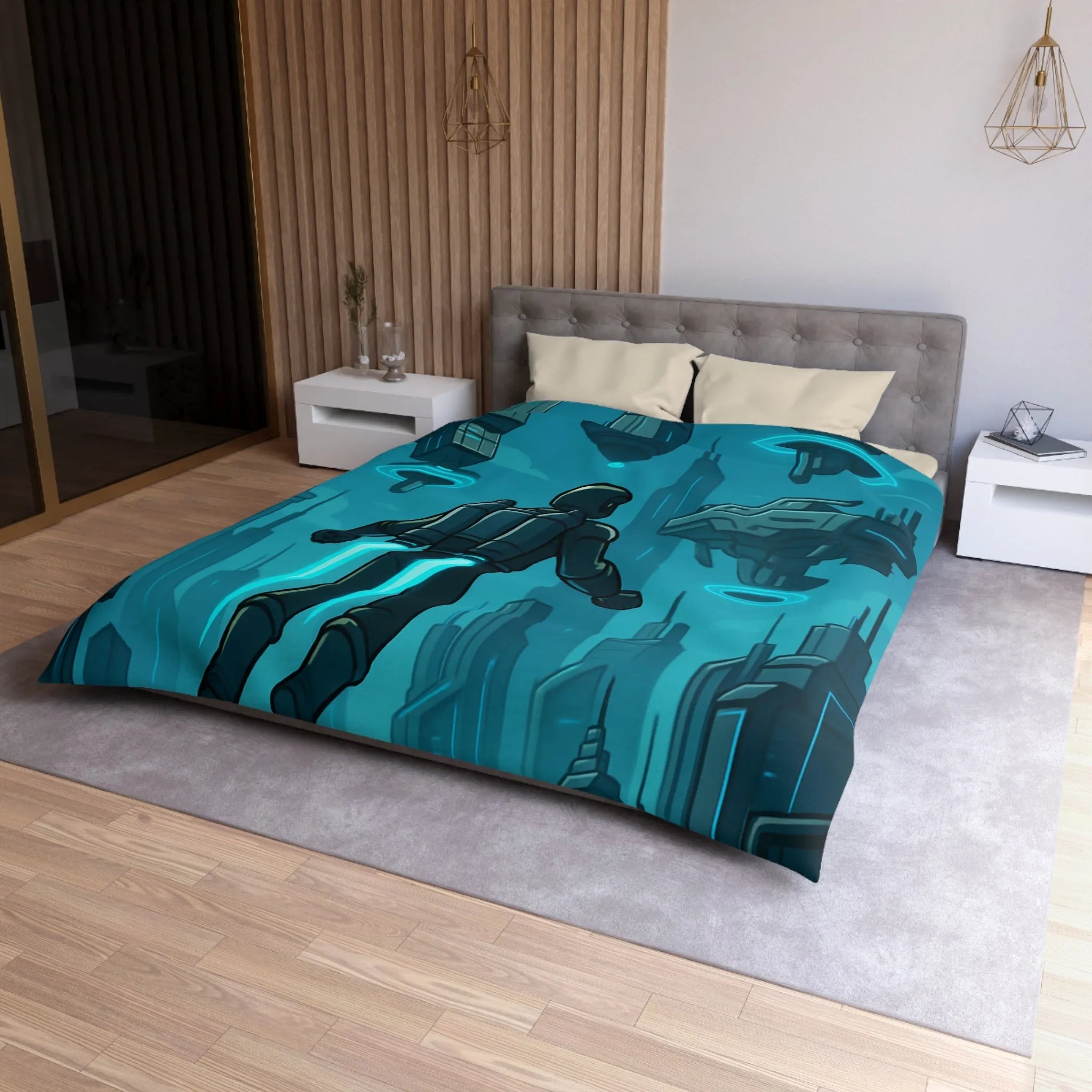 Housse de Couette Futuriste avec Ville Céleste et Homme en Jetpack Néon Bleu