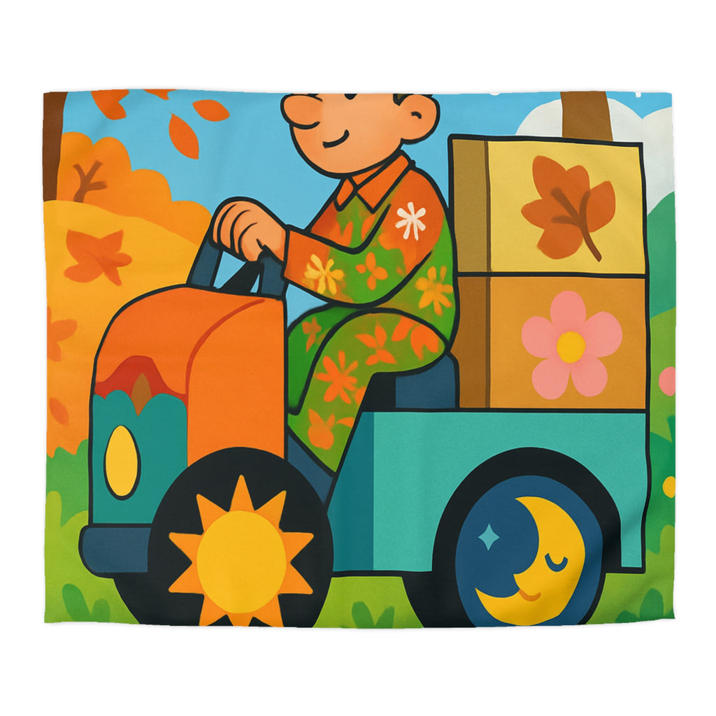 Housse de Couette Paisible Illustrant un Paysage Automnal avec Motifs Floraux et Naturels