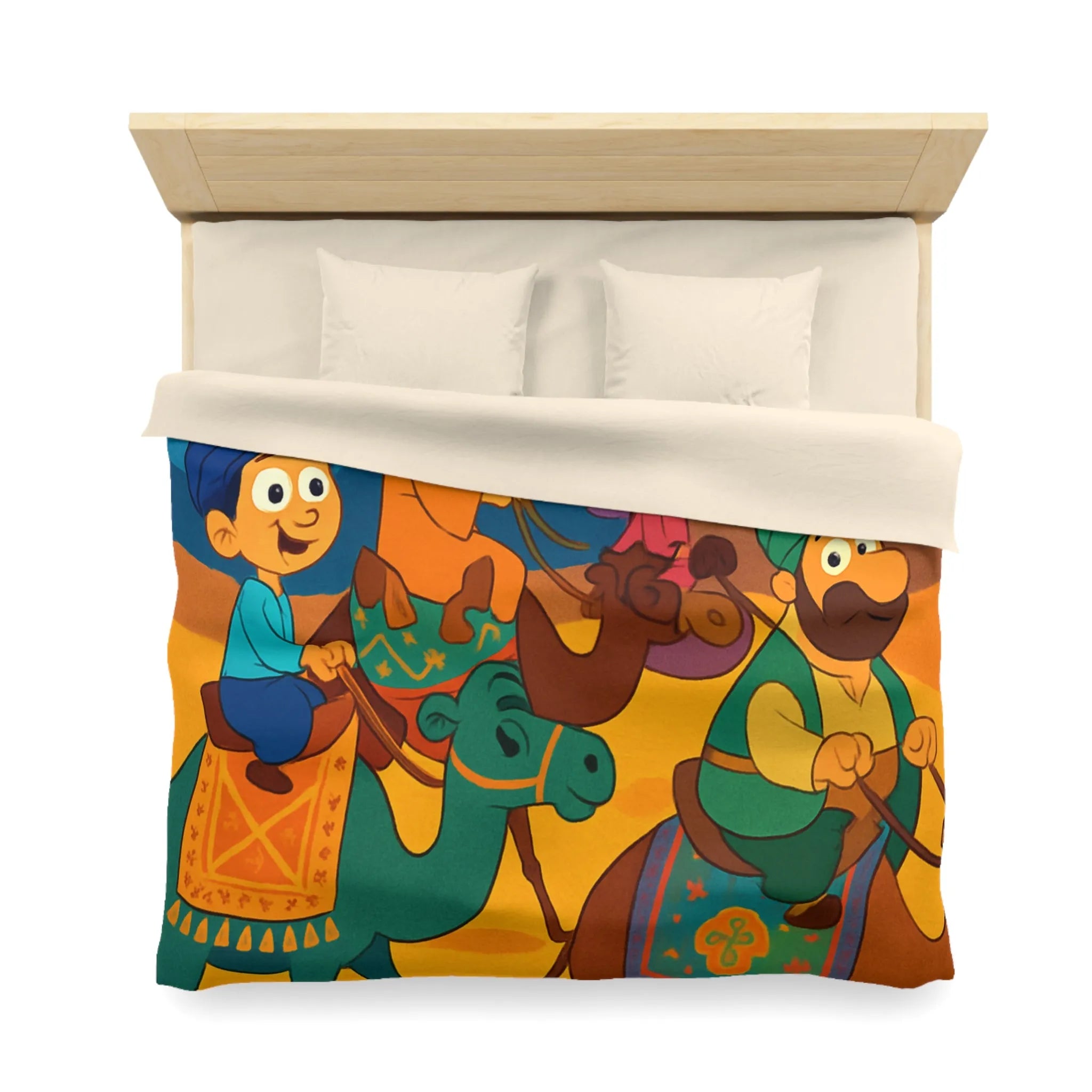 Housse de couette illustrée des enfants et chameaux sous un ciel étoilé magique