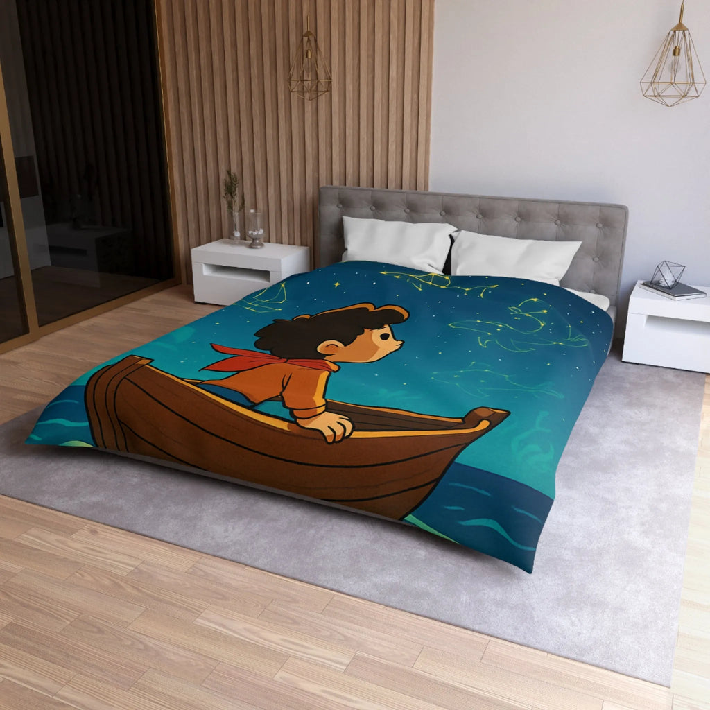 Enfant rêveur explorant les constellations marines lumineuses depuis un petit bateau paisible