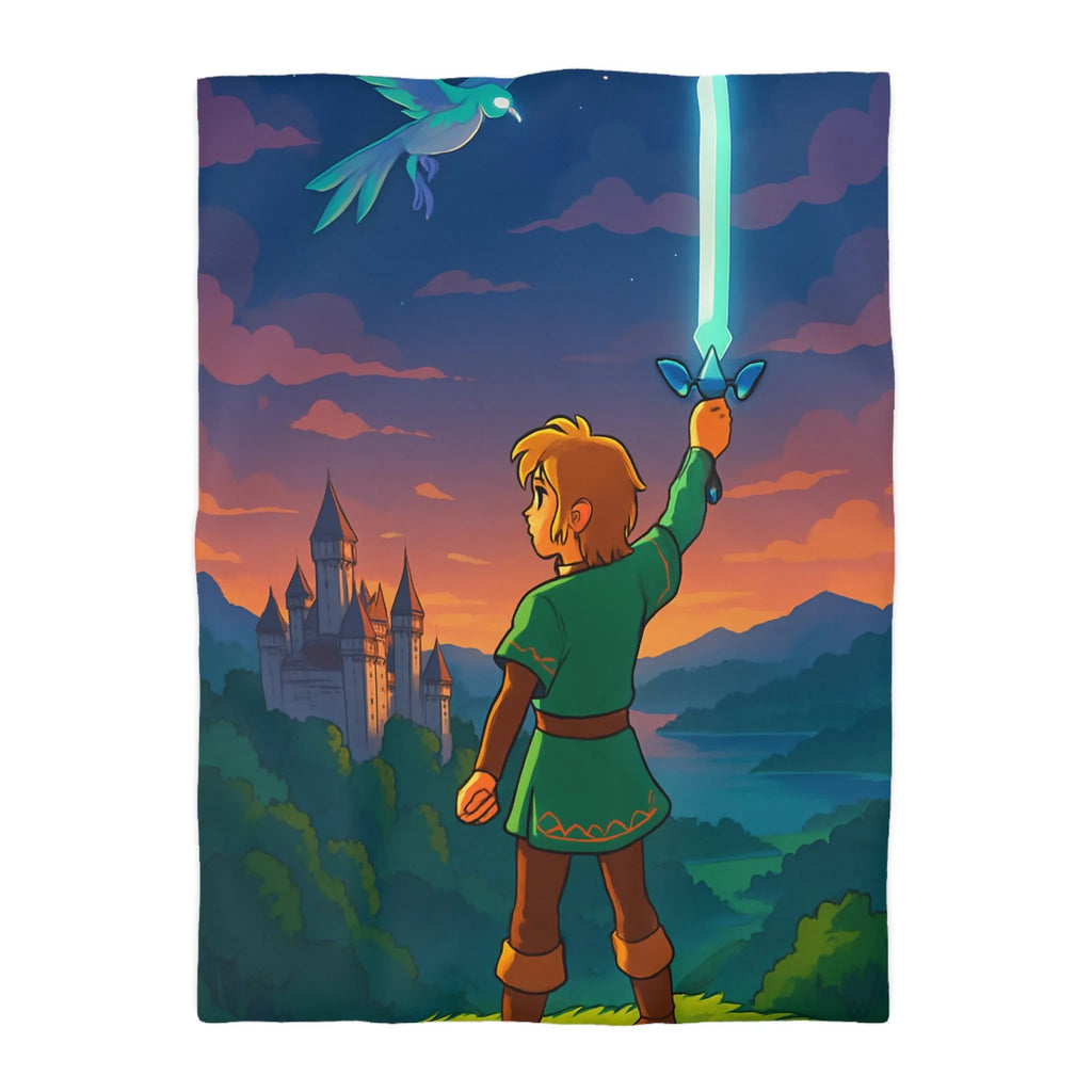 Housse de Couette Fantasy avec Épée, Château et Oiseau au Coucher de Soleil