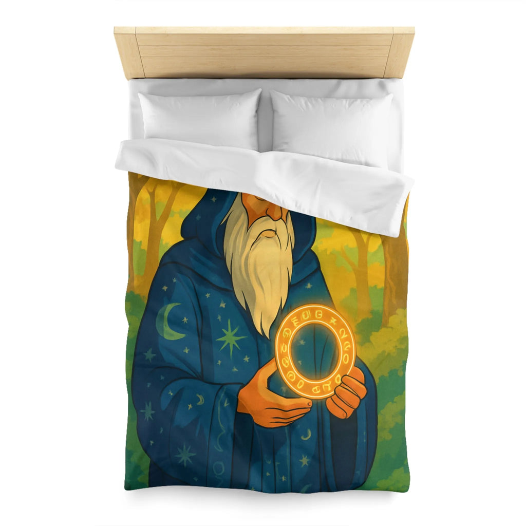 Housse de couette enchantée avec mage en forêt et cercle lumineux mystérieux