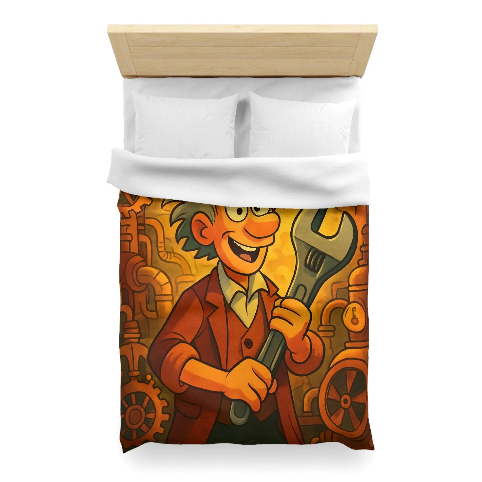 Housse de couette au style rétro avec inventeur animé dans un atelier coloré