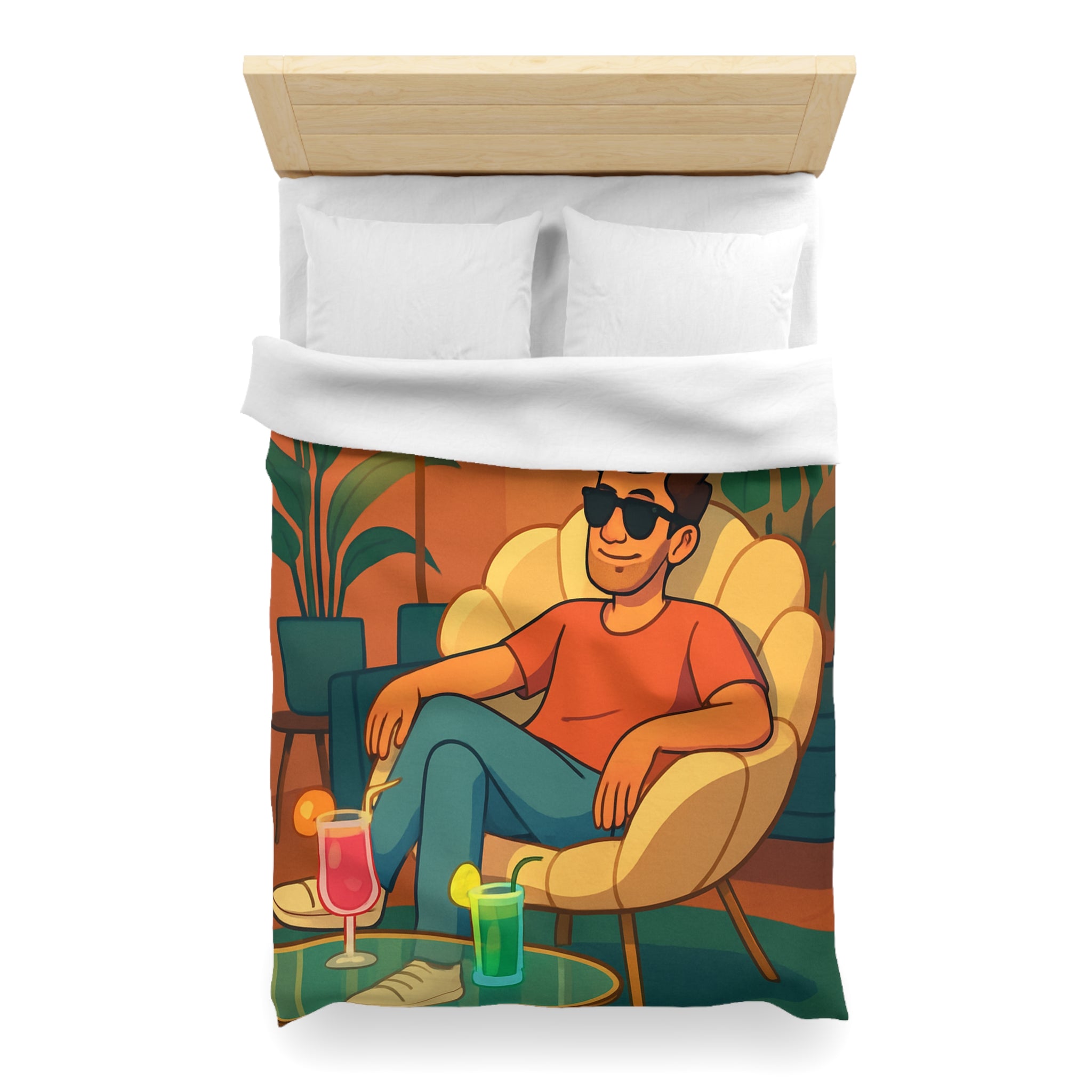 Housse de Couette Tropicale Design Moderne avec Feuilles et Boissons Colorées Style Rétro