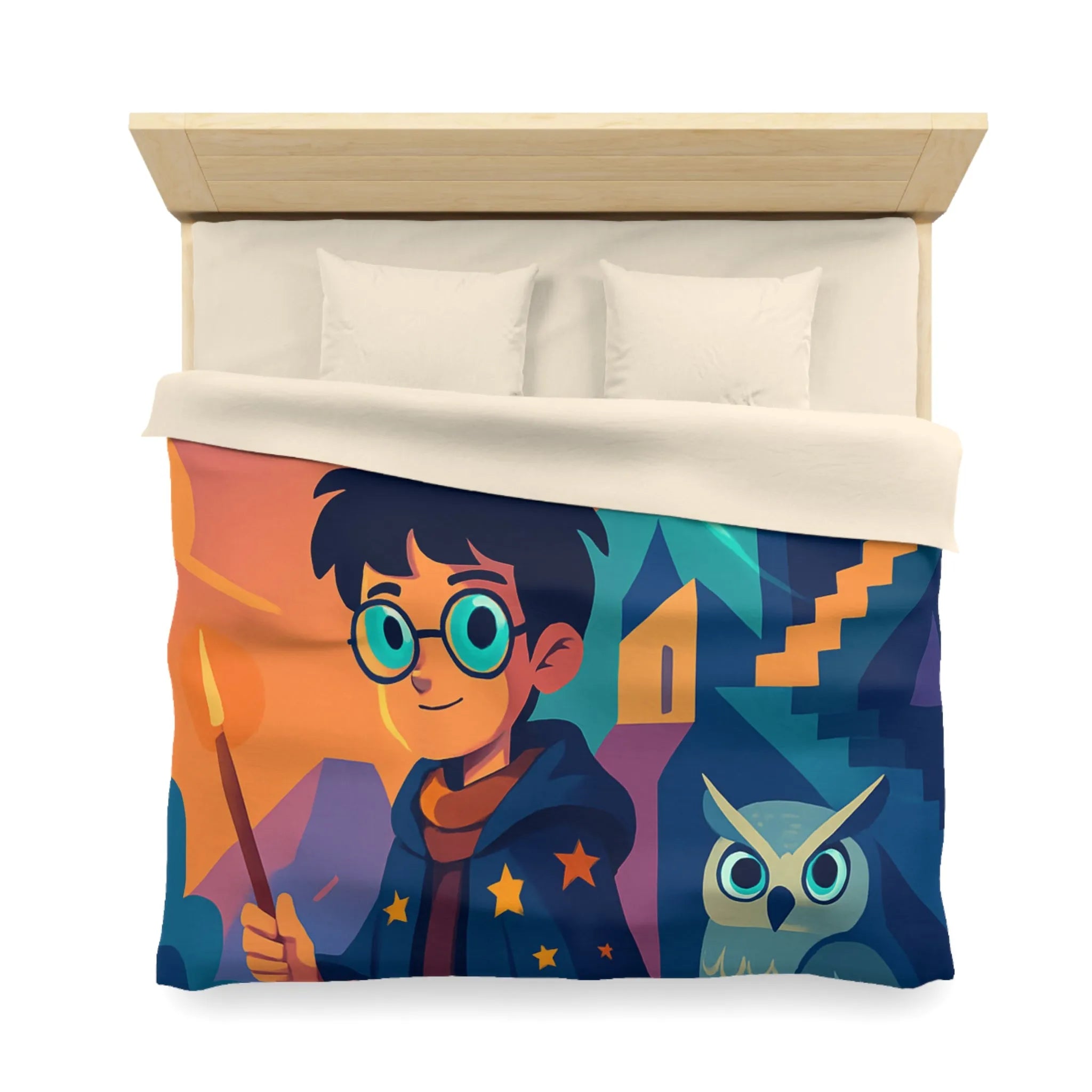 Housse de couette magique avec motif de garçon sorcier et hibou lumineux