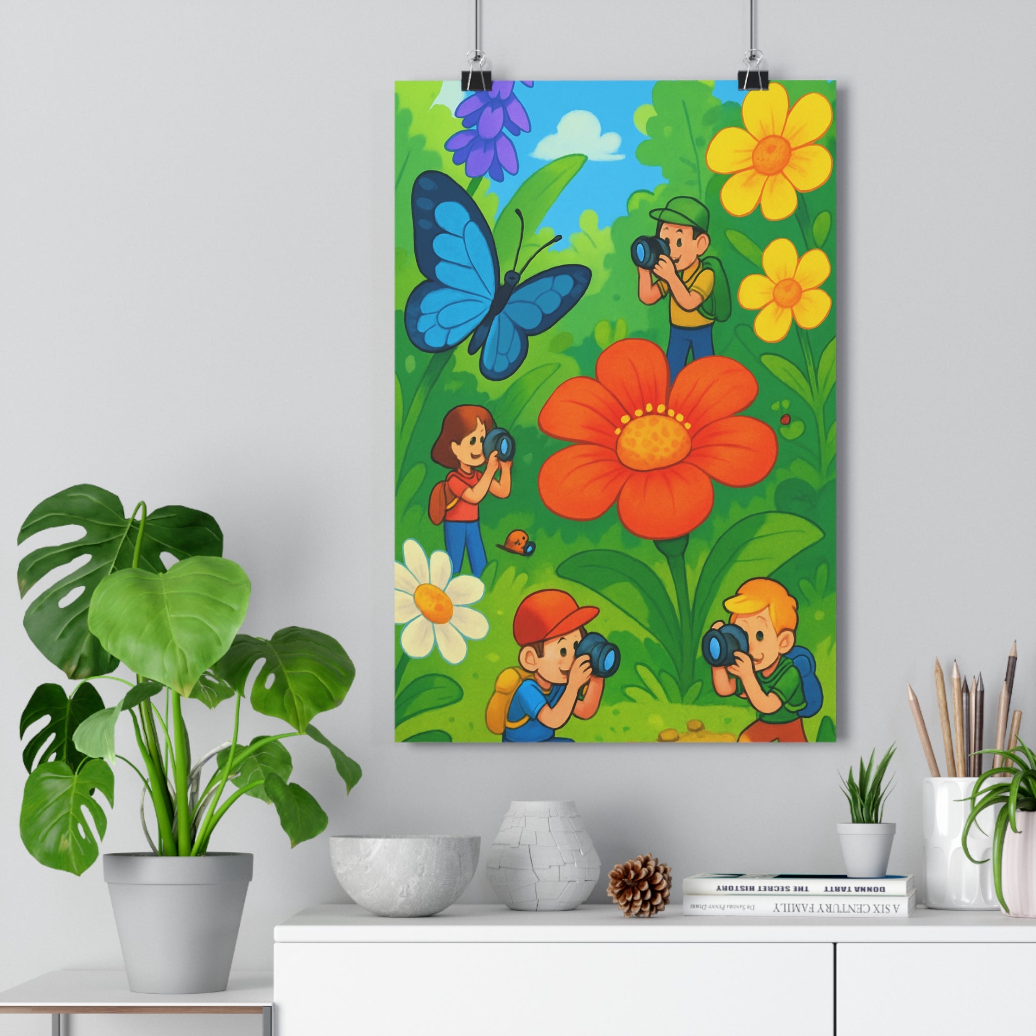 Poster décoratif explorateurs enfant nature orange vert joyeux créatif chambre aventure couleurs vives 30x46