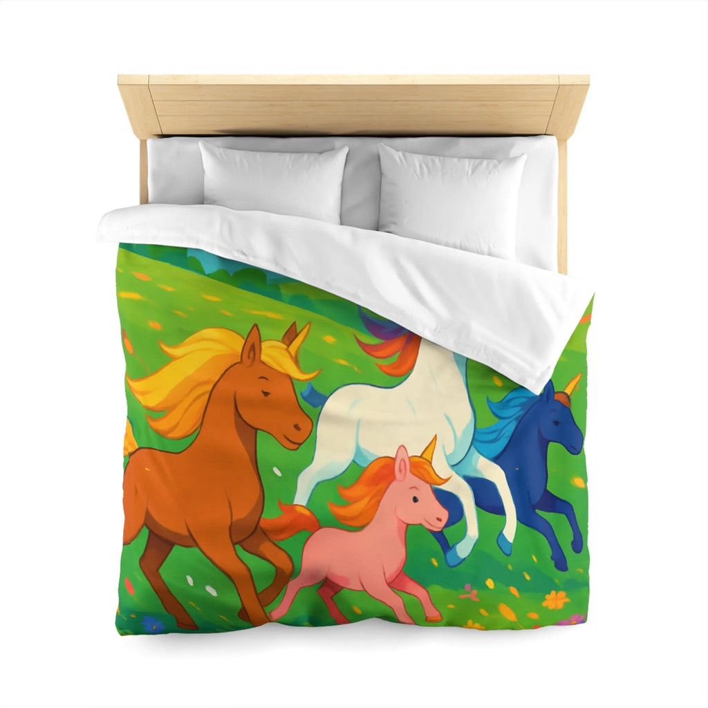 Housse de couette colorée avec prairies luxuriantes et chevaux arc-en-ciel en galop