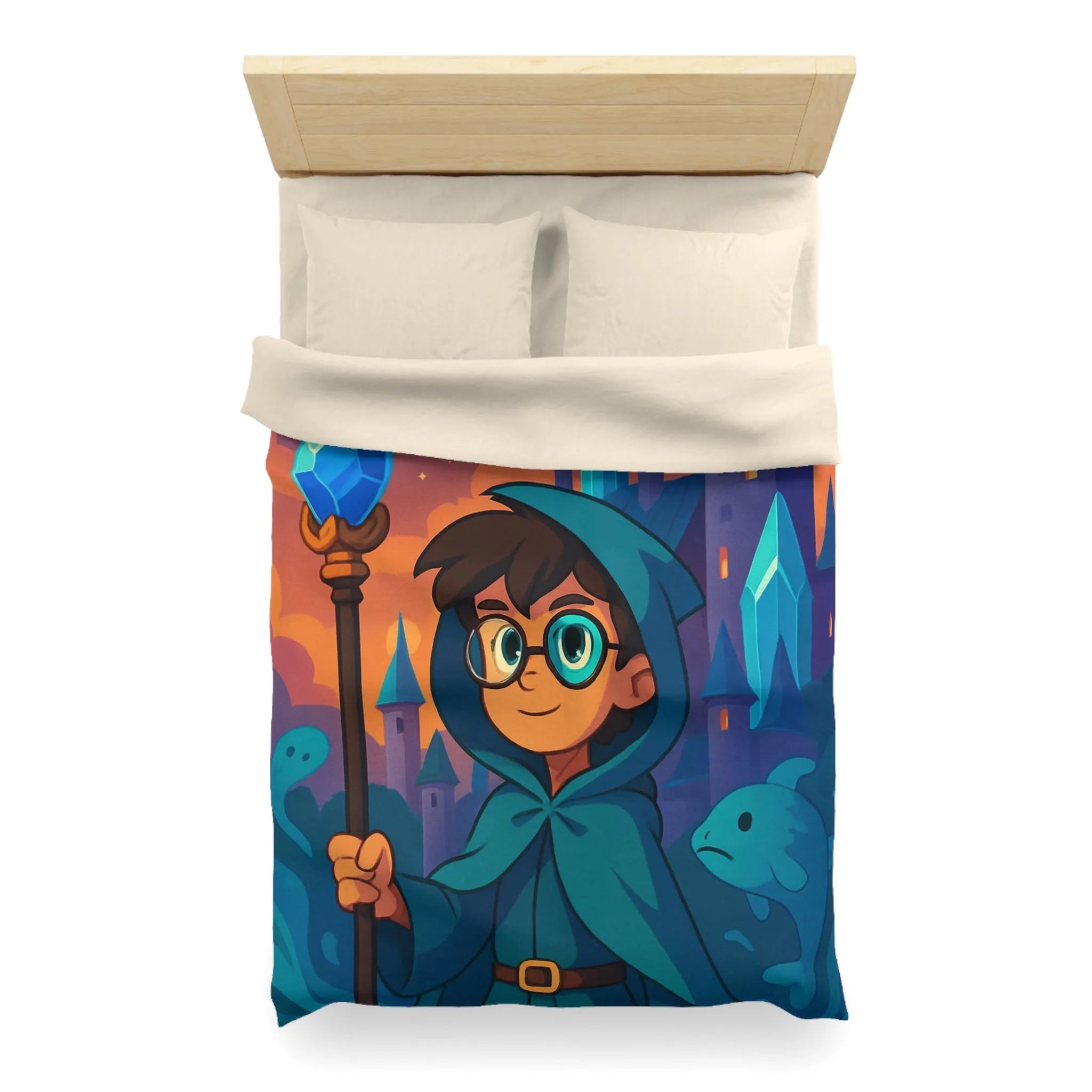 Housse de couette magie bleue fantasy avec château, sorcier et météore étincelant