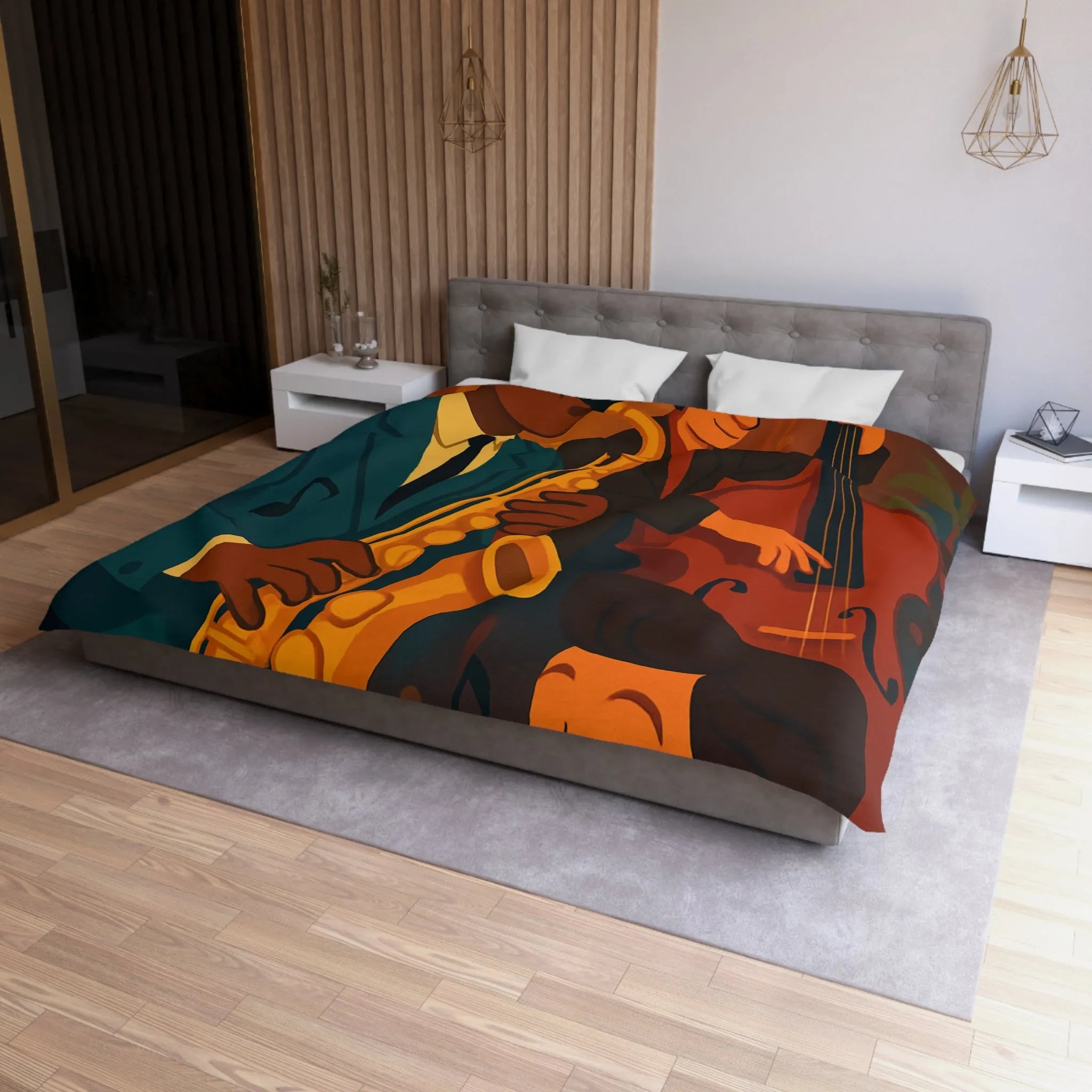 Housse de couette jazz rétro avec musiciens passionnés jouant du saxophone et contrebasse