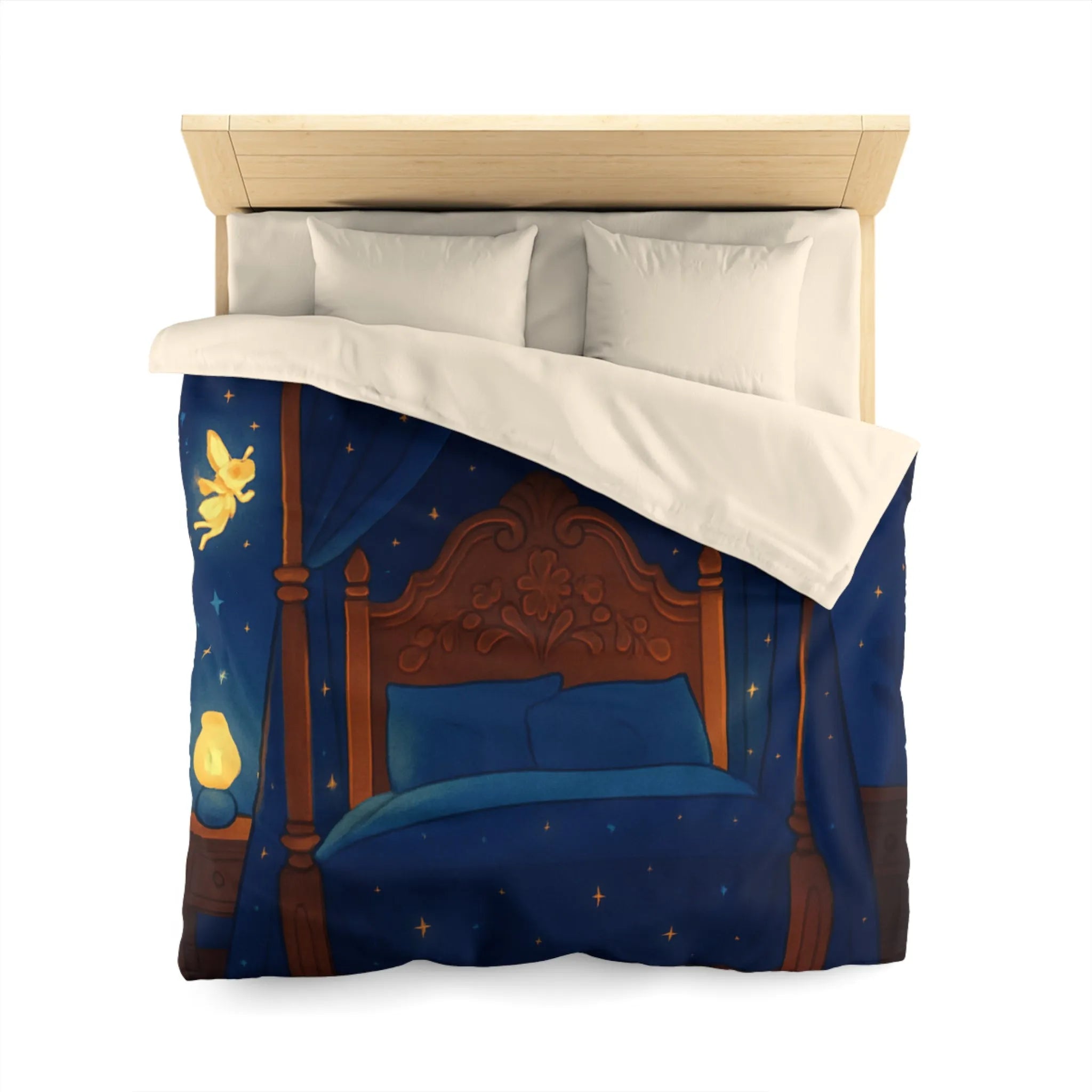 Housse de couette bleue étoilée avec fées et chat endormi, ambiance féérique
