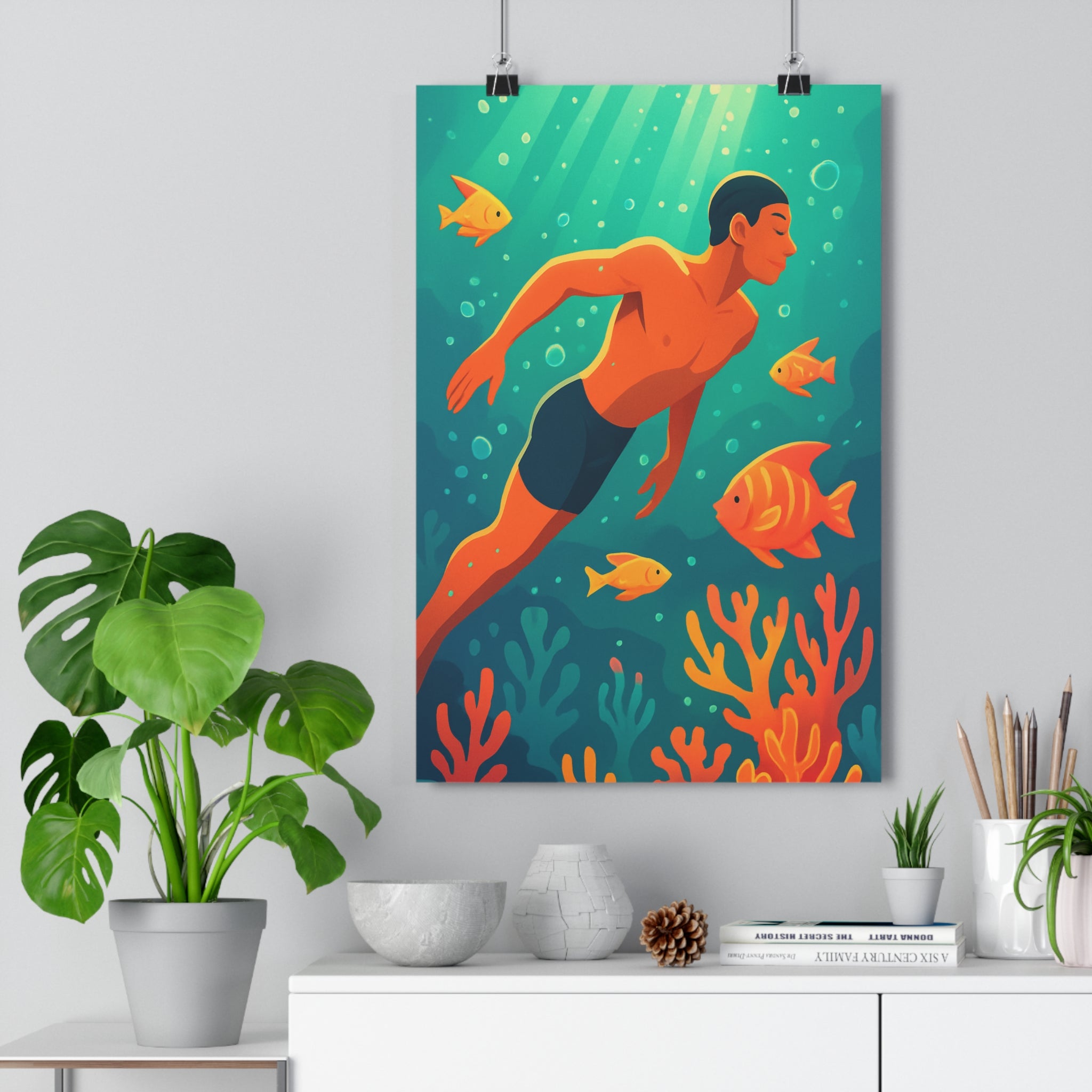 Poster décoratif anime aquatique turquoise bleu mystique féerique salon chambre bureau nageur poissons qualité