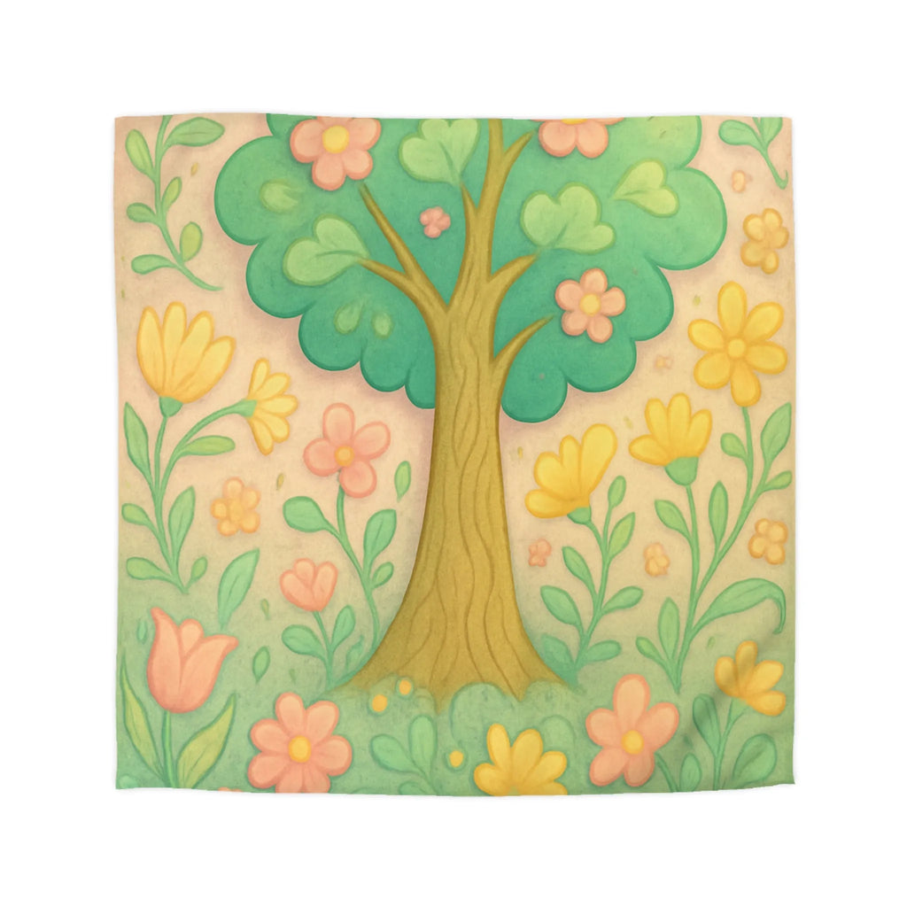 Housse de couette illustrée d'arbre fleuri et printemps avec couleurs douces pour chambre