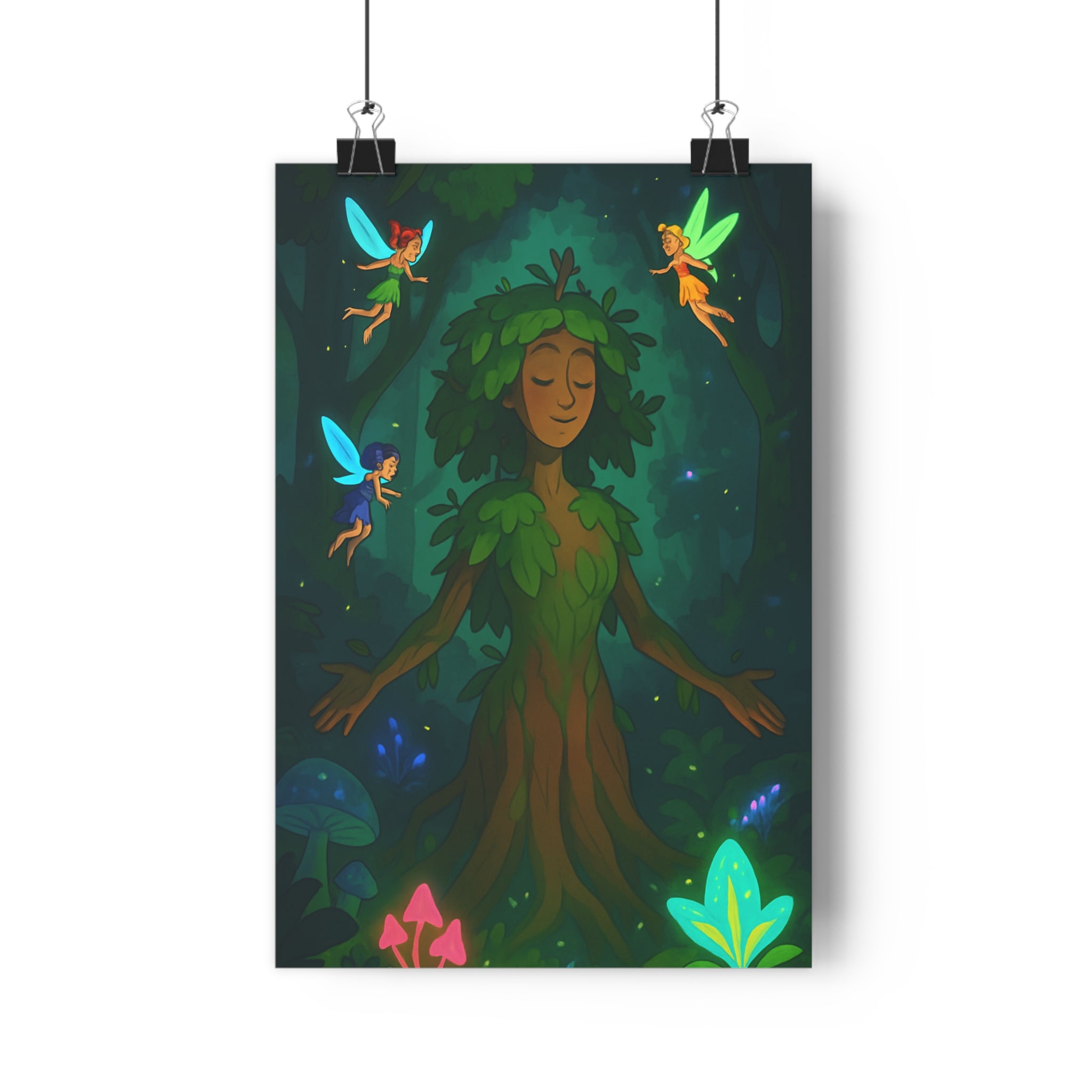 Poster décoratif féerique vert mystique cartoon forêt magique chambre enfant nature enchantée fées luminescentes