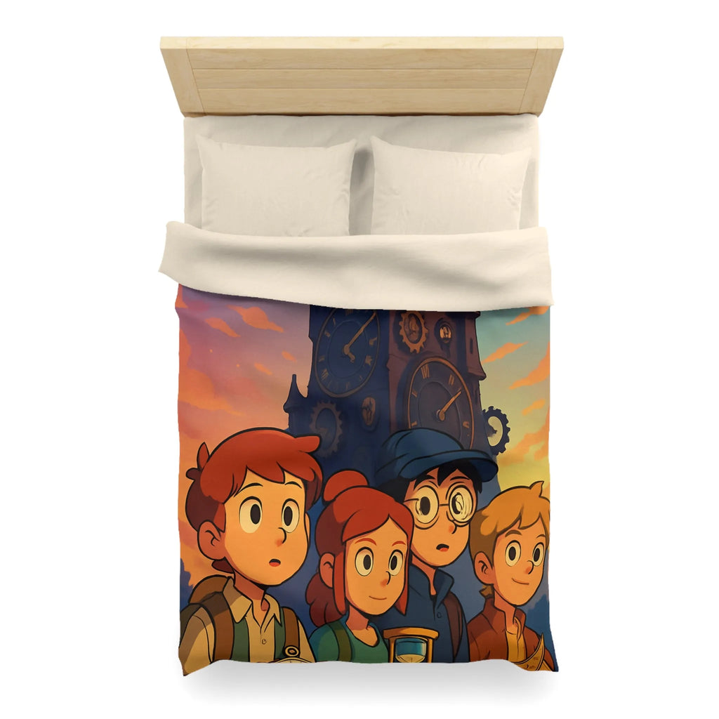 Housse de couette illustrée aventure jeunesse horloges coucher de soleil style animé vibrant