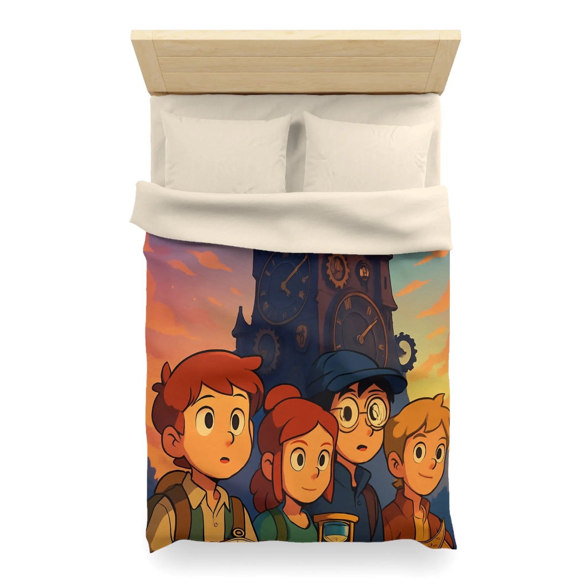 Housse de couette illustrée aventure jeunesse horloges coucher de soleil style animé vibrant
