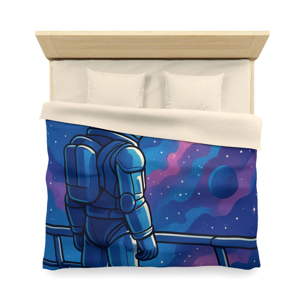 Housse de couette design astronaute contemplant galaxies et planètes dans l'espace infini