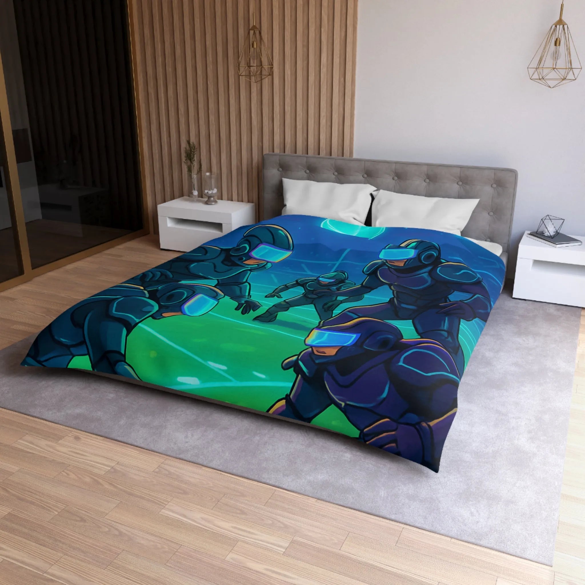 Housse de couette futuriste avec joueurs cybernétiques et drones sur terrain de sport