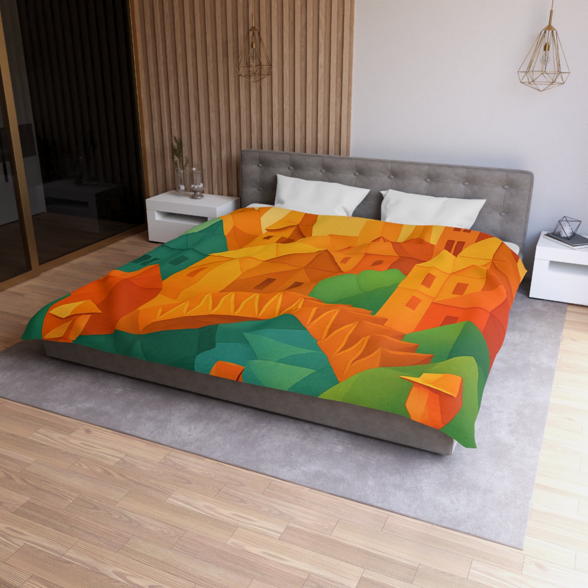 Housse de couette motif origami coloré avec paysage urbain et silhouettes humaines