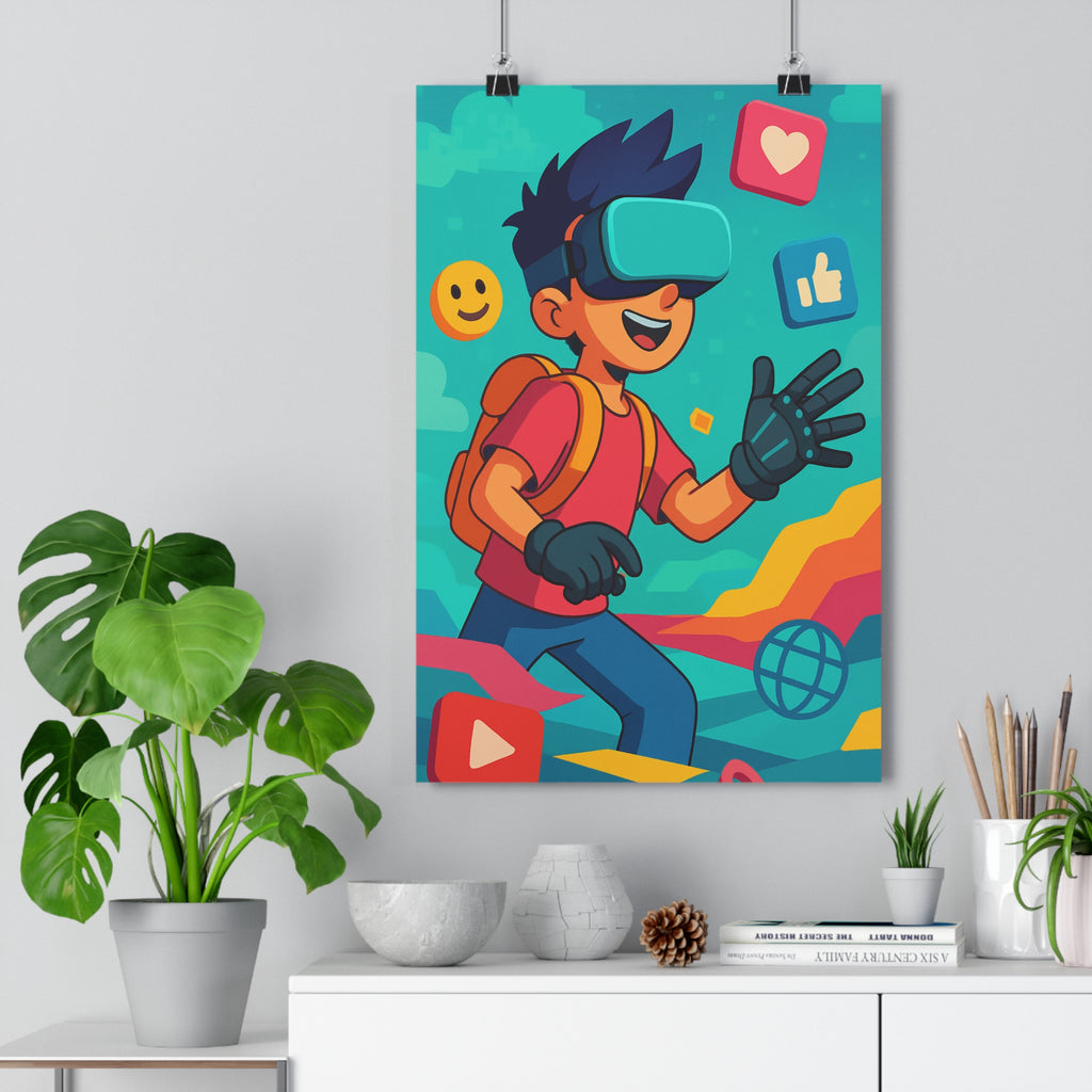 Poster décoratif numérique animé bleu rouge jaune aventure moderne cyberpunk salle bureau vibrant 30