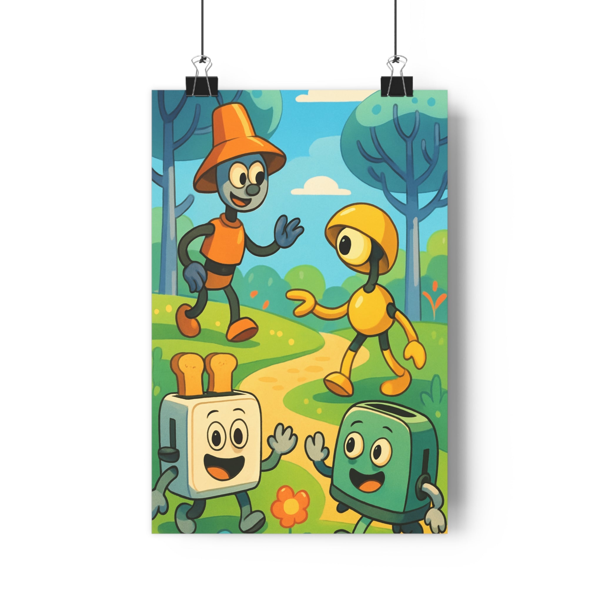 Poster décoratif anime futuriste robots colorés joyeux parc chambre enfant ambiance technologique unique qualité
