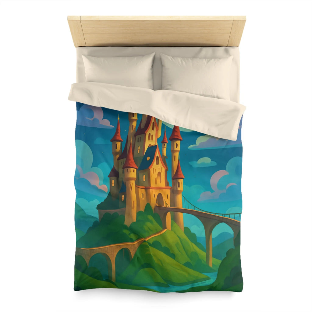 Housse de couette château féerique illuminé par la lune dans un paysage enchanteur nocturne