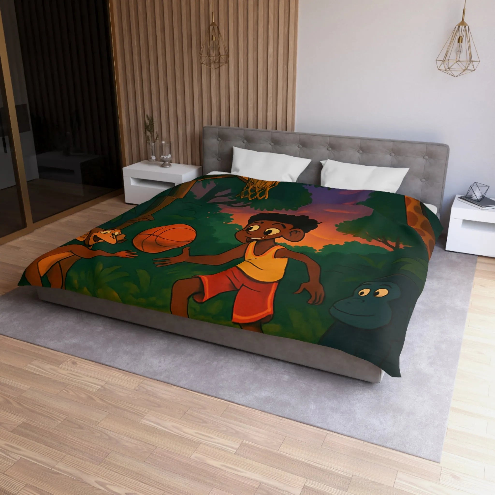 Housse de couette enfant jungle colorée avec garçon jouant au basket et animaux amusants