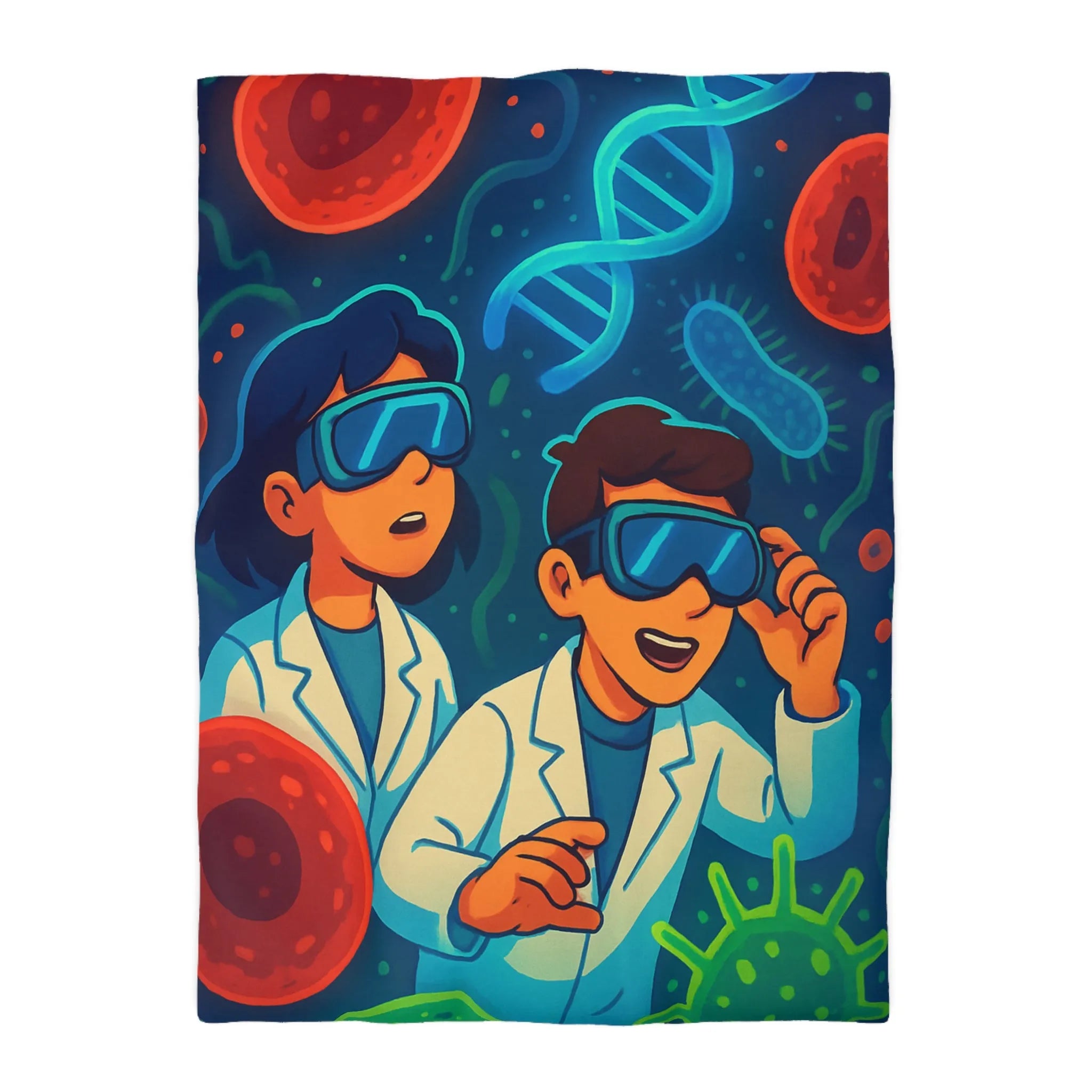 Drap housse scientifique ludique avec chercheurs et microbes éclatants en couleurs vibrantes et vives
