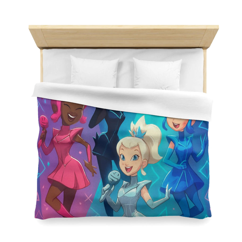 Housse de couette colorée avec personnages chantants et motifs géométriques lumineux