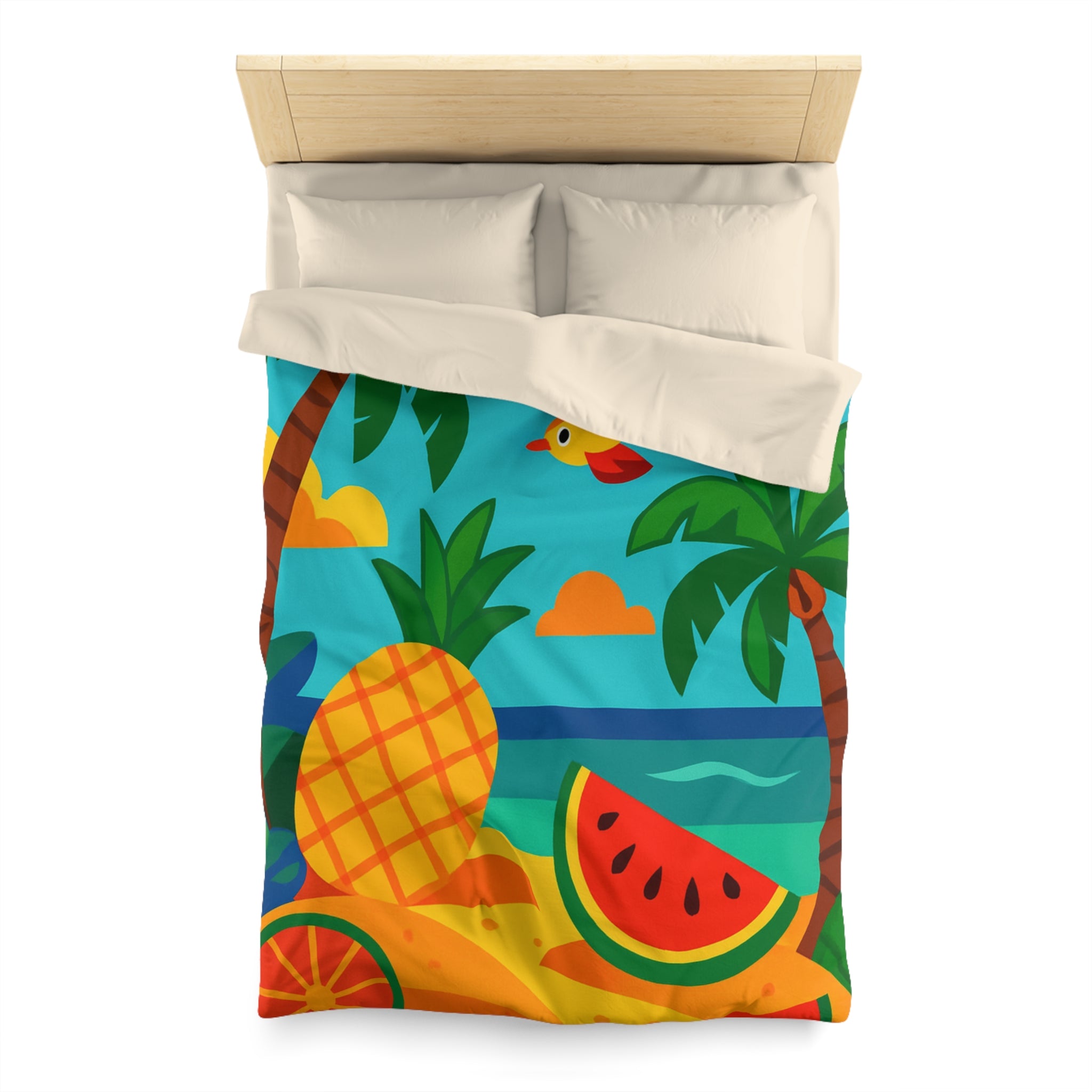 Housse de couette tropicale colorée avec fruits exotiques et oiseaux vibrants sur la plage